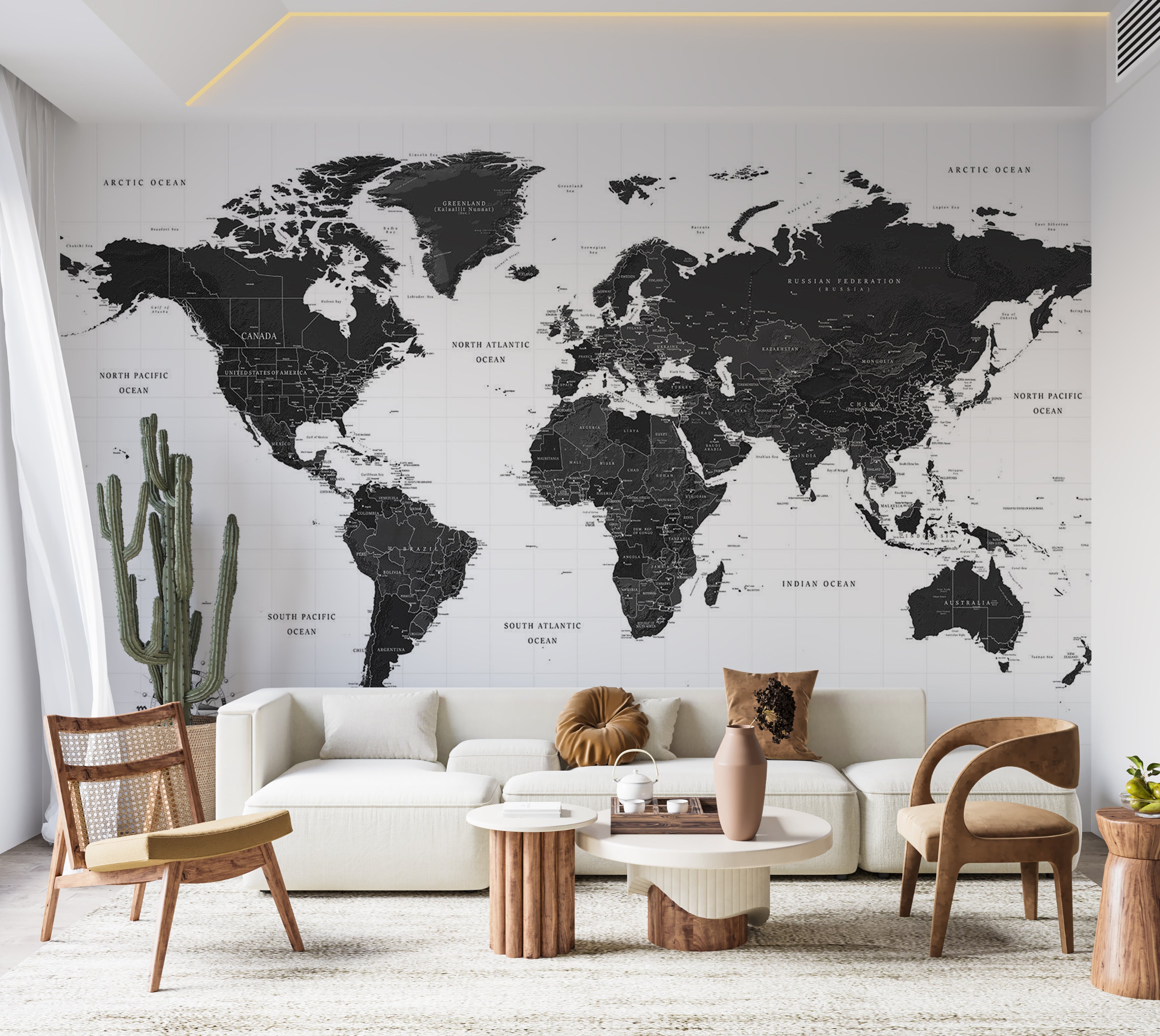 World Map Wallpaper Wall Mural - Black and White Map 39"Wx27"H / Standard