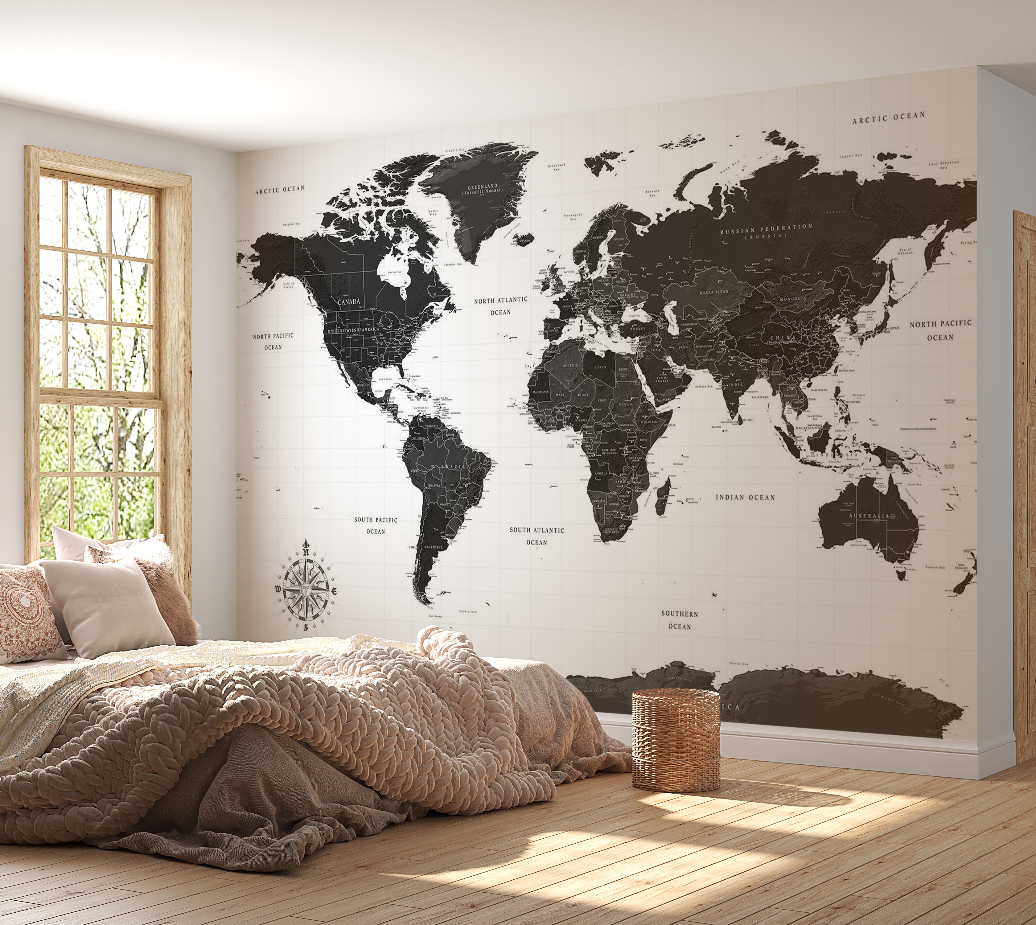 World Map Wallpaper Wall Mural - Black and White Map 39"Wx27"H / Standard