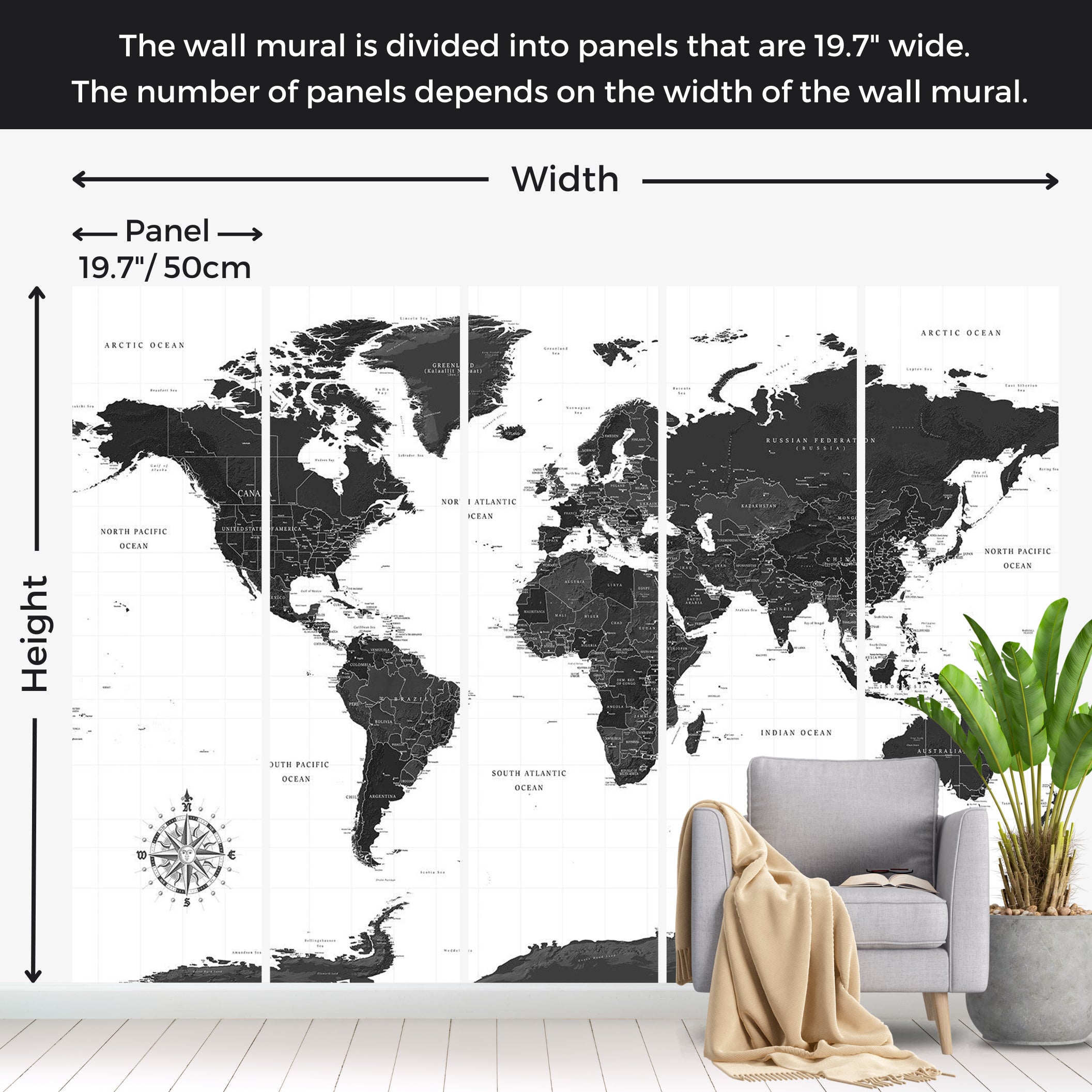 World Map Wallpaper Wall Mural - Black and White Map 39"Wx27"H / Standard