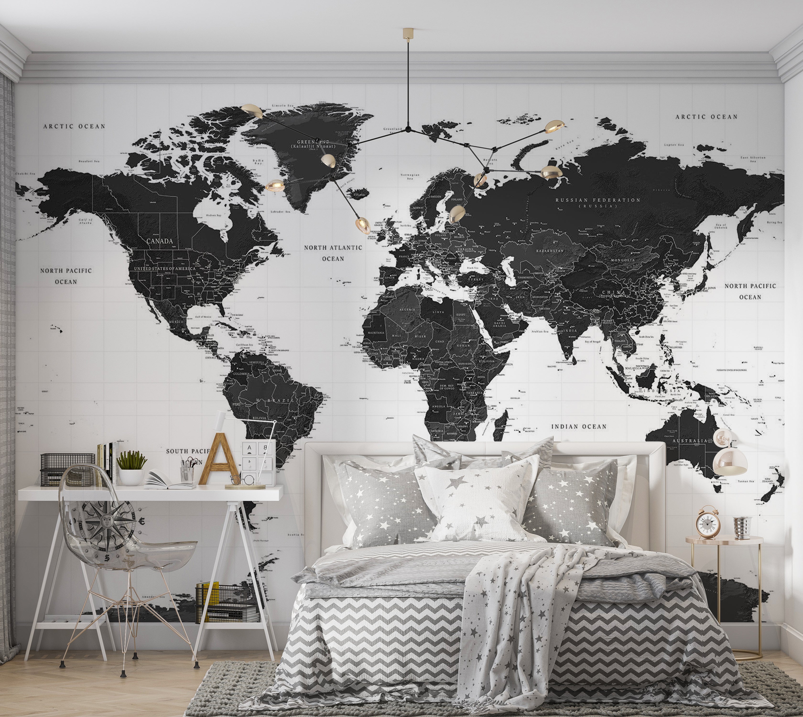 World Map Wallpaper Wall Mural - Black and White Map 39"Wx27"H / Standard