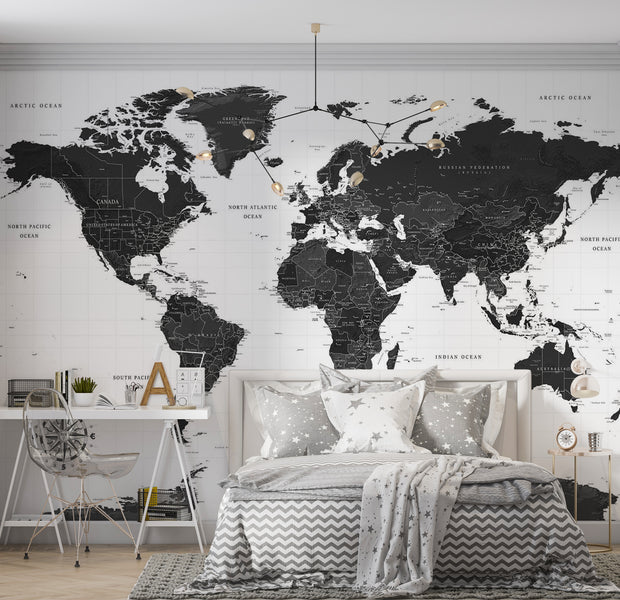 World Map Wallpaper Wall Mural - Black and White Map 39"Wx27"H / Standard