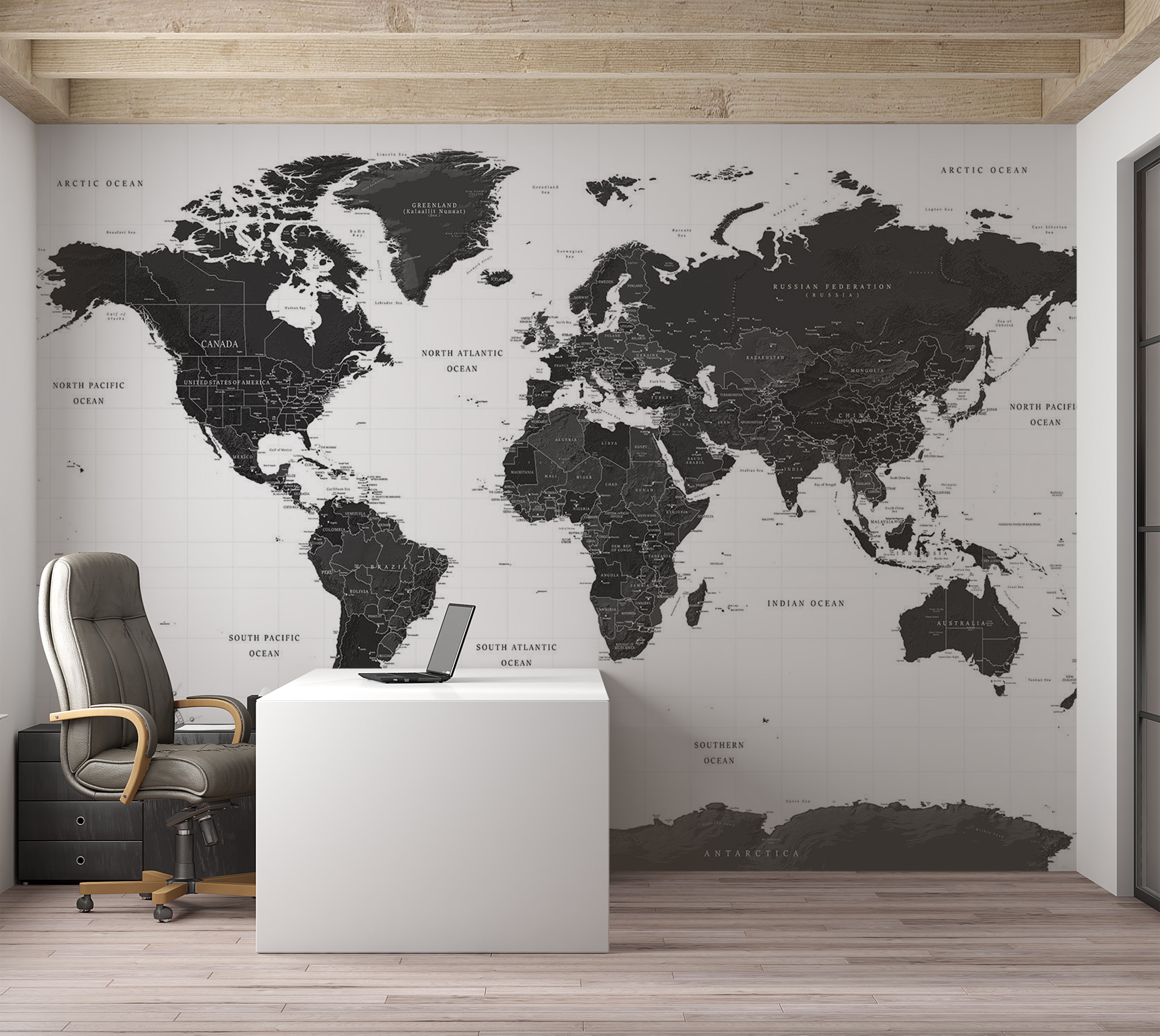 World Map Wallpaper Wall Mural - Black and White Map 39"Wx27"H / Standard