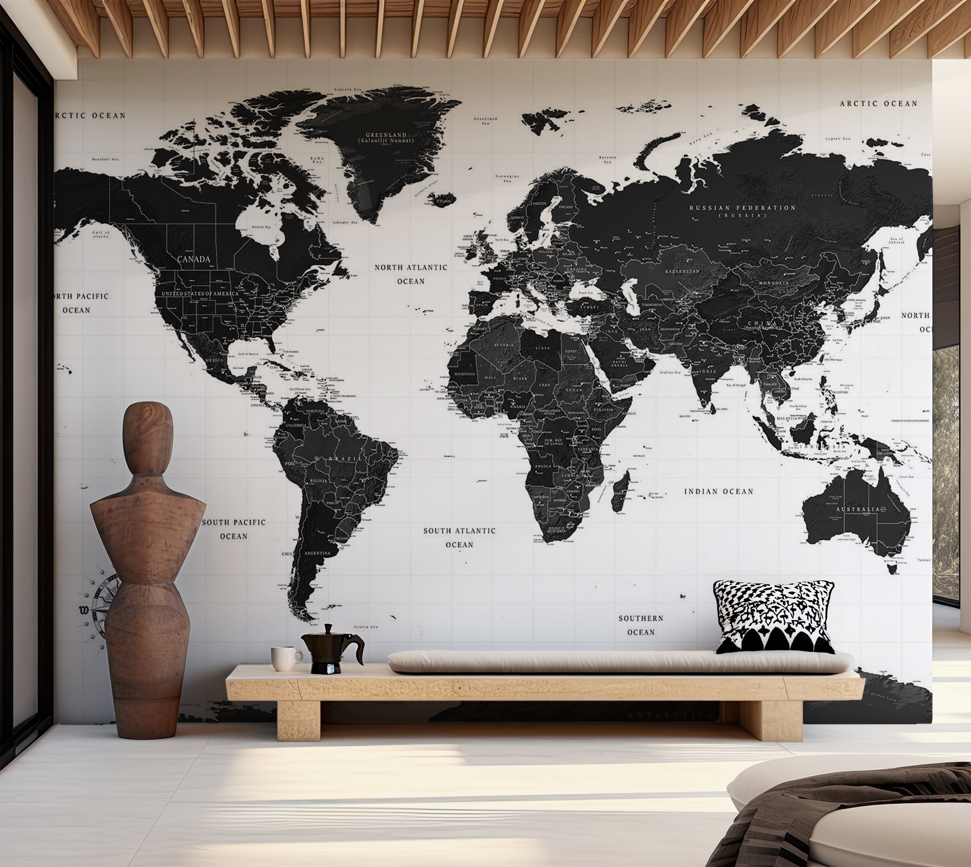 World Map Wallpaper Wall Mural - Black and White Map 39"Wx27"H / Standard
