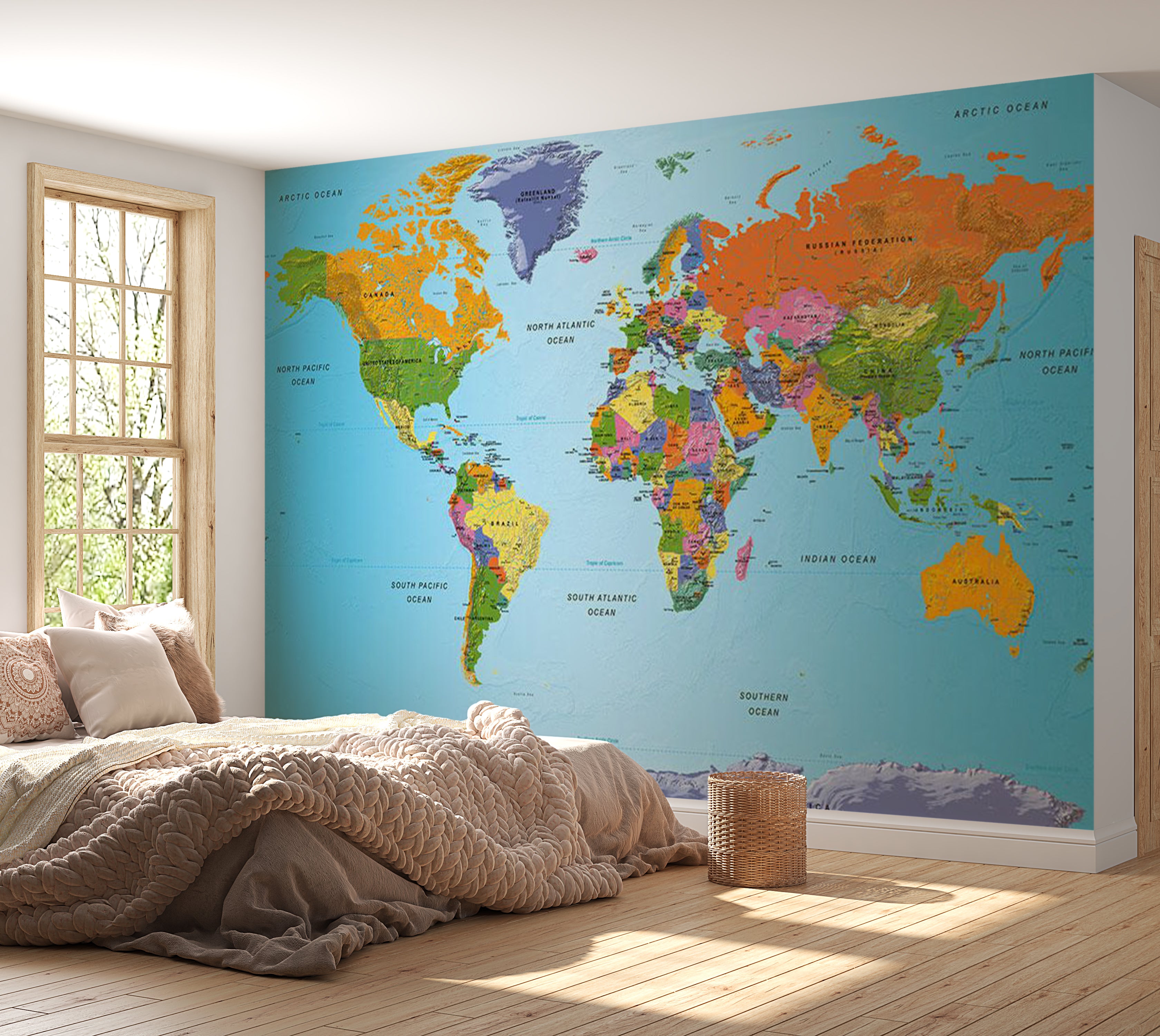 World Map Wallpaper Wall Mural - Colorful Geography 39"Wx27"H / Standard