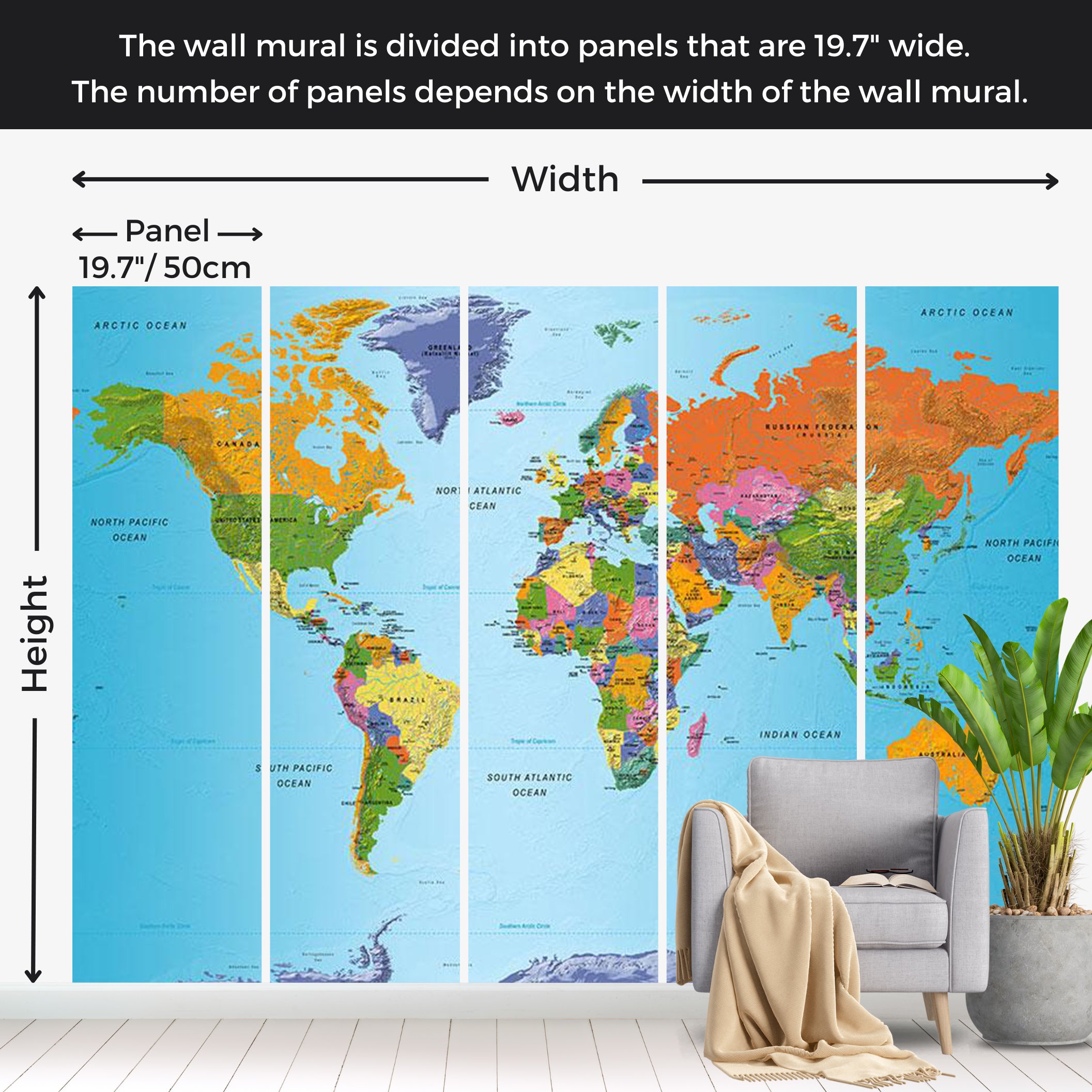 World Map Wallpaper Wall Mural - Colorful Geography 39"Wx27"H / Standard