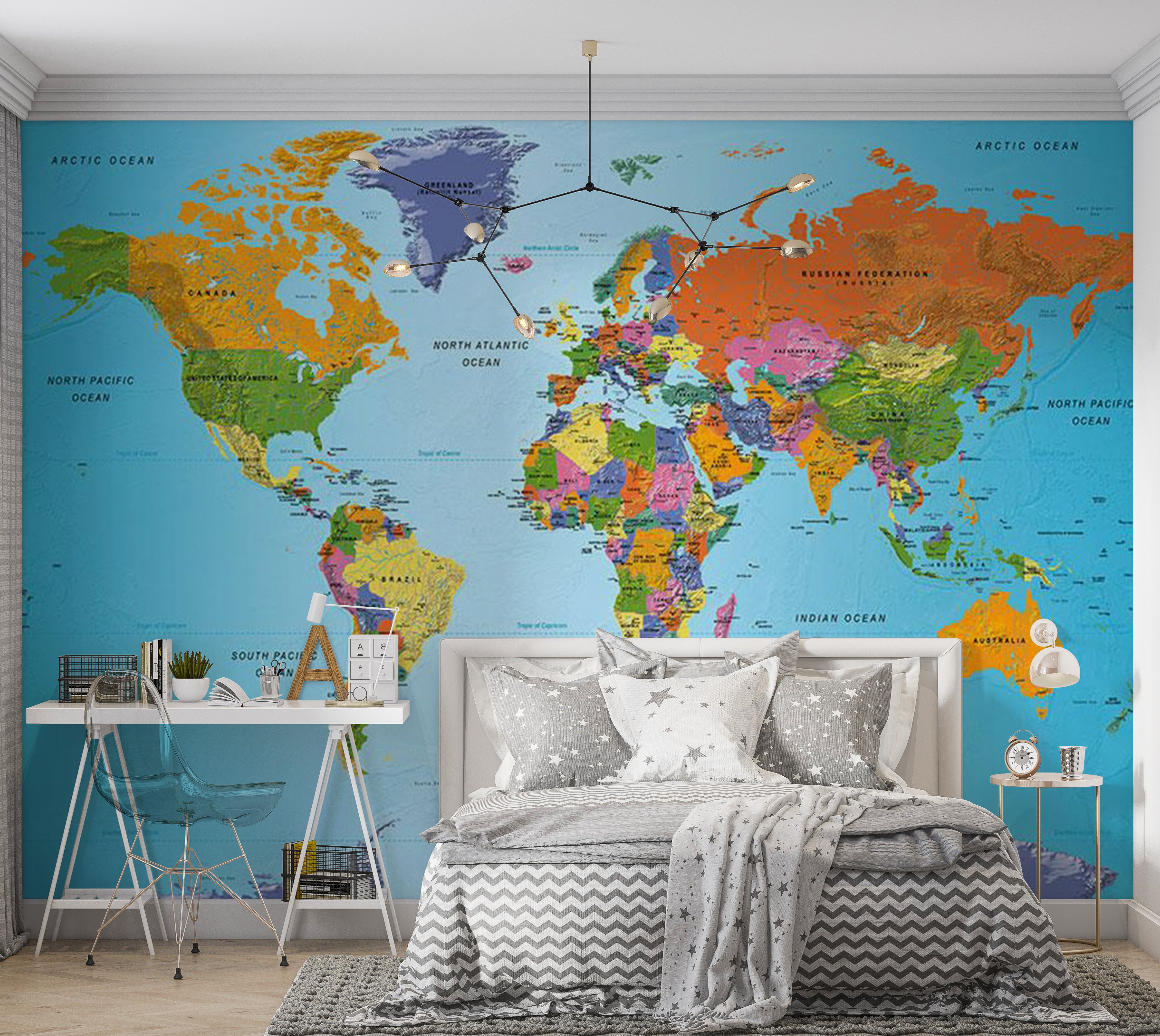 World Map Wallpaper Wall Mural - Colorful Geography 39"Wx27"H / Standard