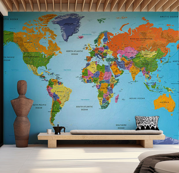 World Map Wallpaper Wall Mural - Colorful Geography 39"Wx27"H / Standard