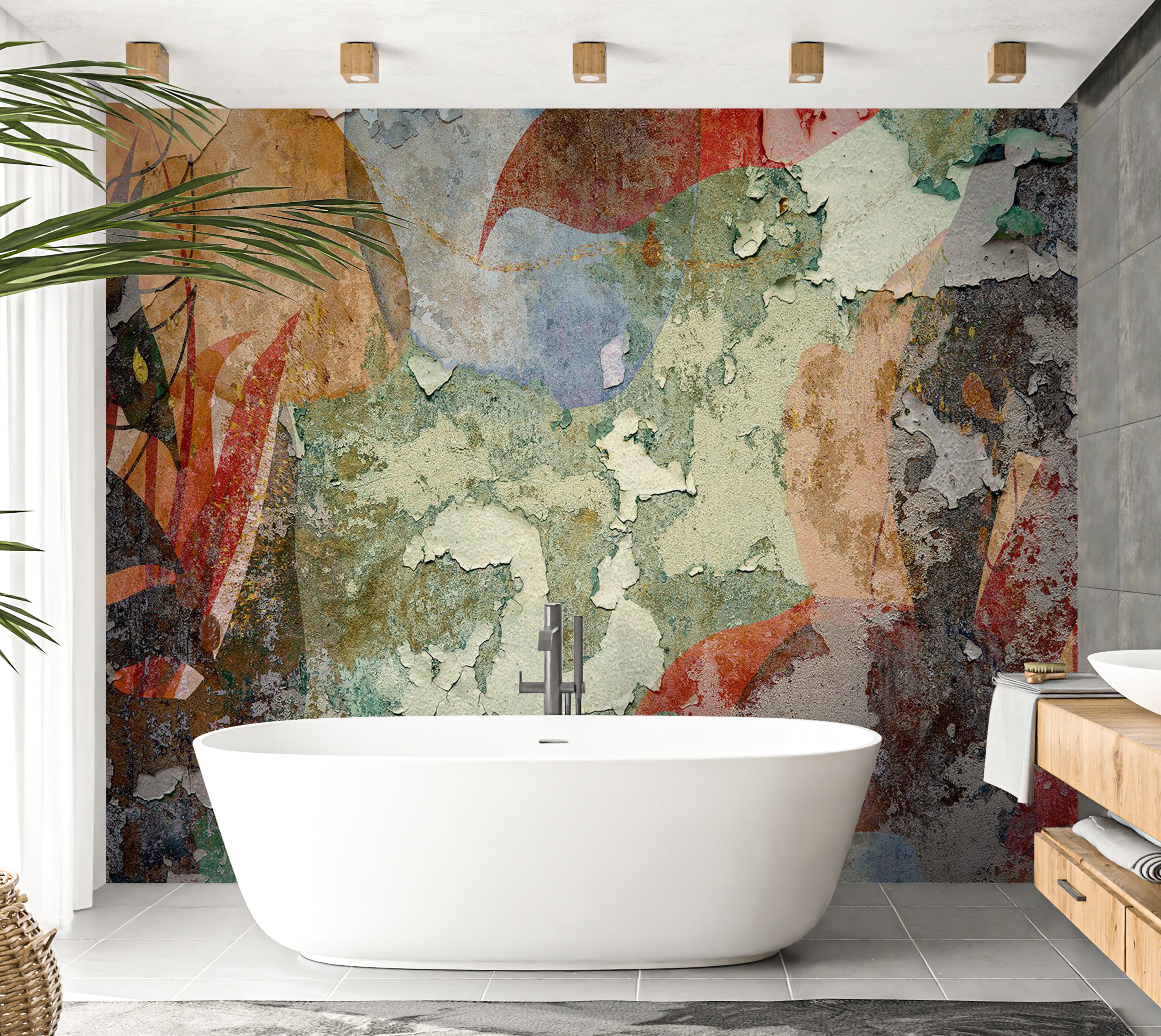 Abstract Wallpaper Wall Mural - Colorful Old Plaster Wall 39"Wx27"H / Standard