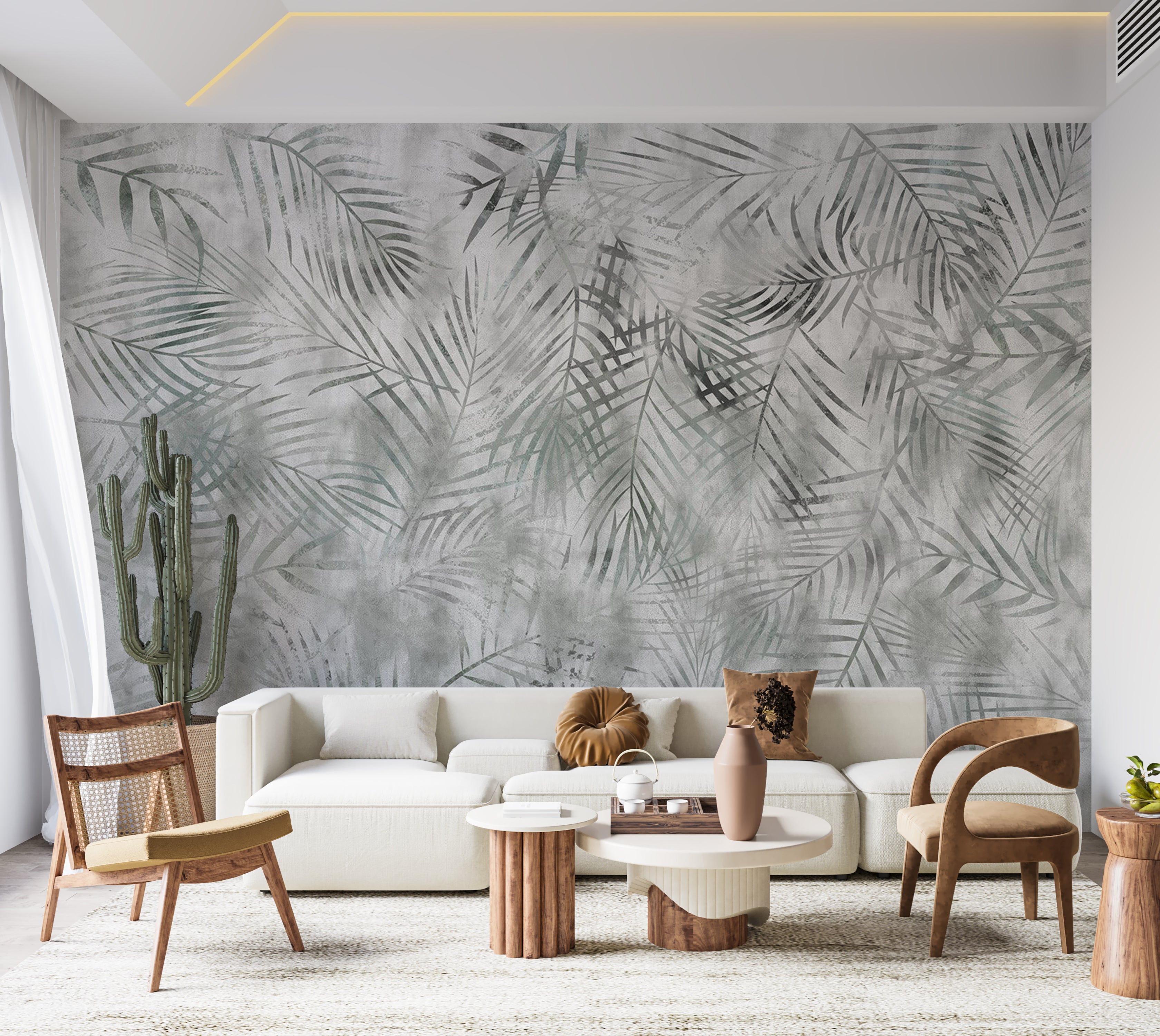 Botanical Wallpaper Wall Mural - Minimalist Grey Exotic Leaves 39"Wx27"H / Standard