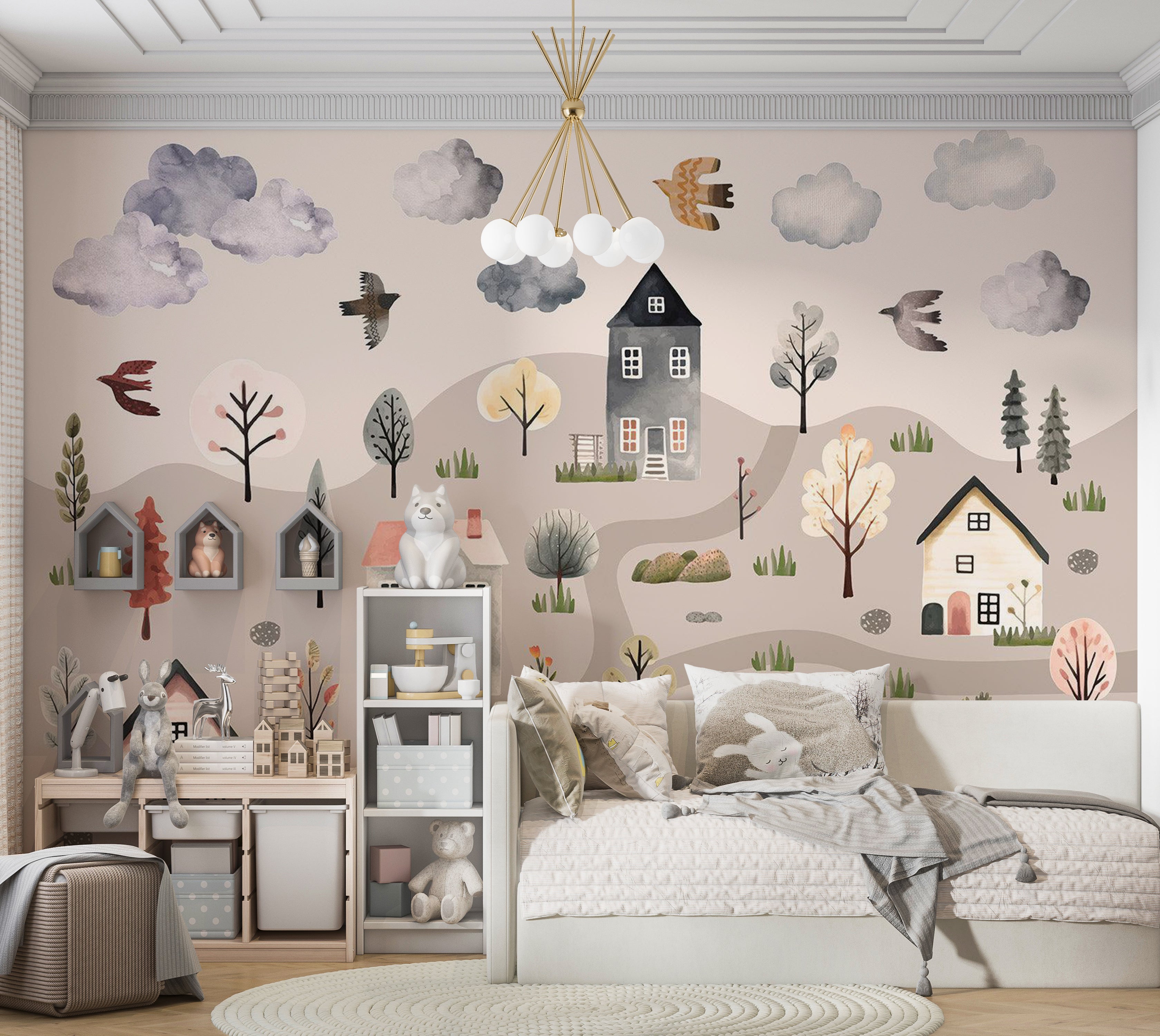 Kids Wallpaper Wall Mural - Scandinavian Valley in Pastel Colors 39"Wx27"H / Standard