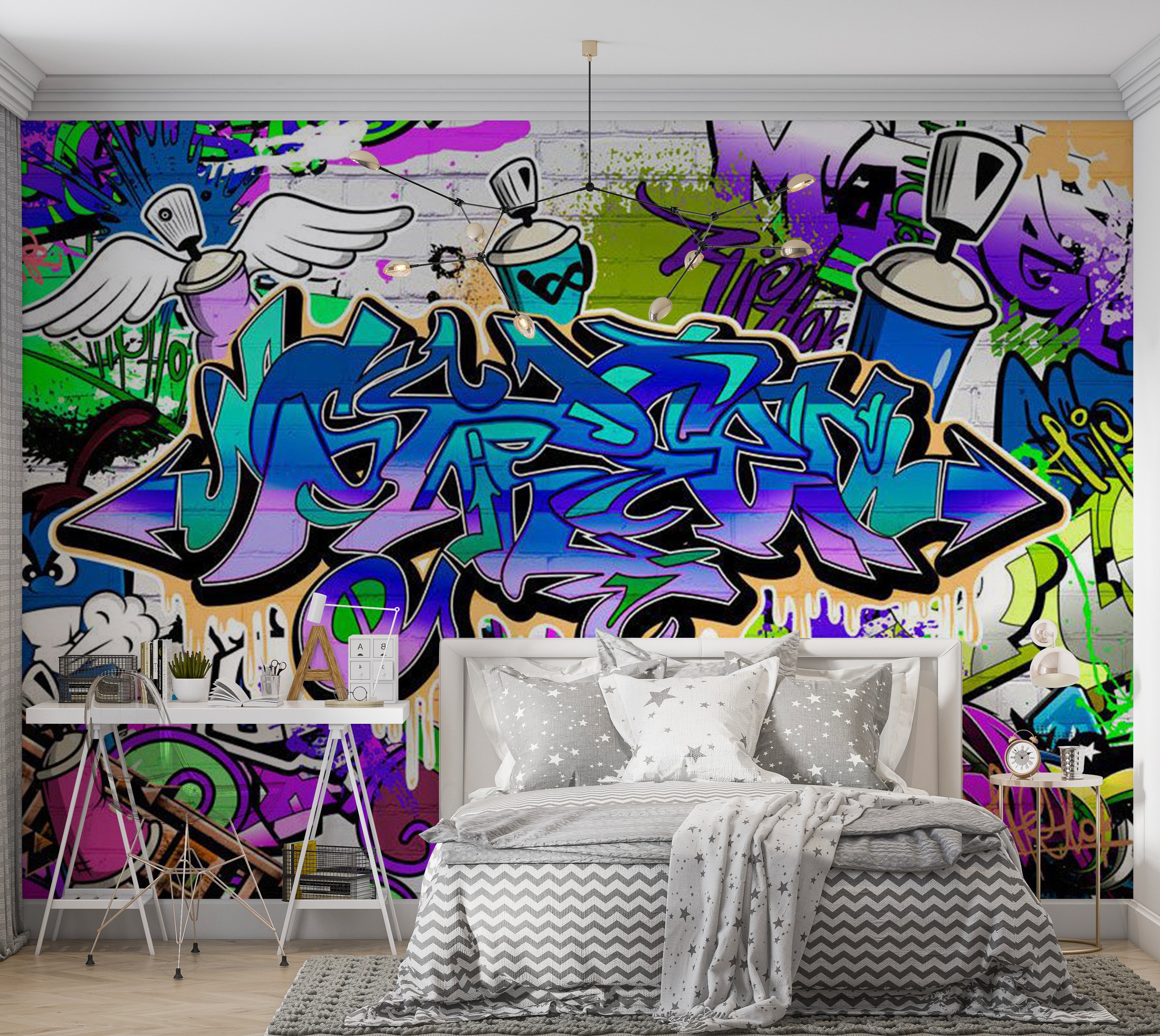 Peel & Stick Street Art Wall Mural - Graffiti Blue Theme 38"Wx27"H