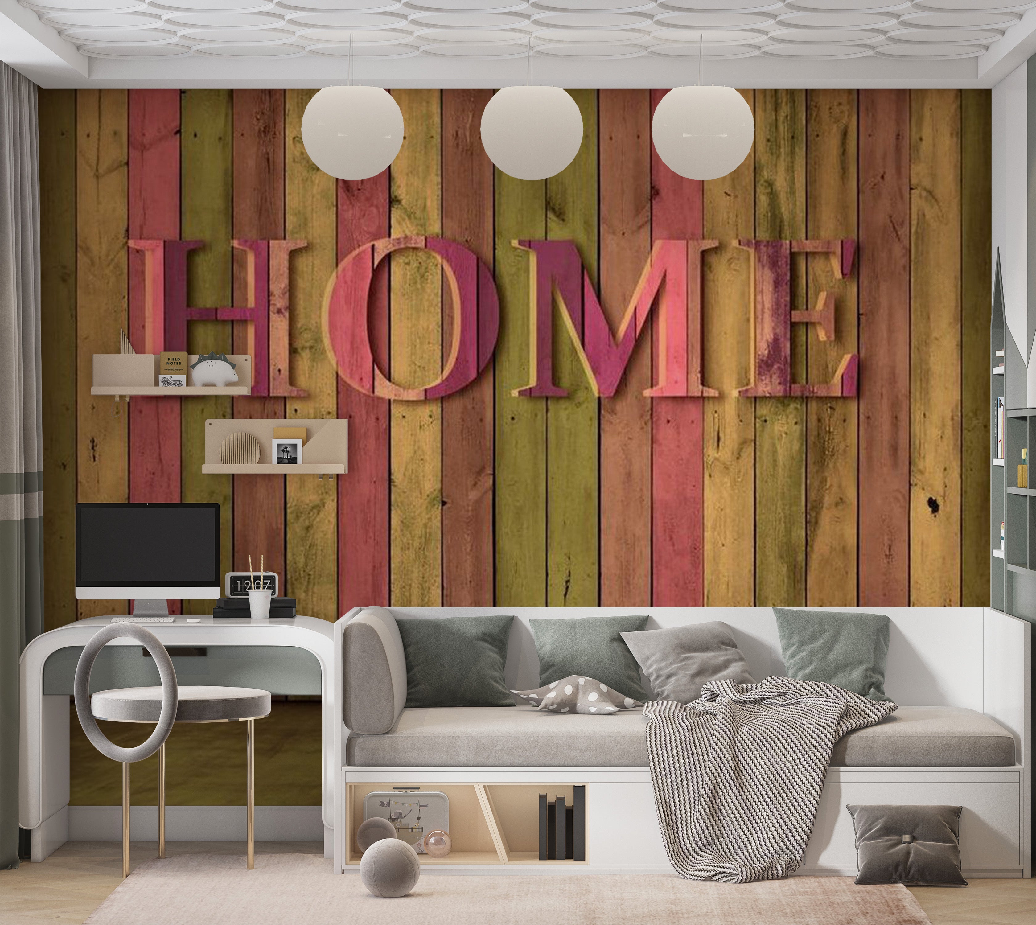 Background & Patterns Wallpaper Wall Mural - Home Green Pink Wooden Planks 118"Wx90"H