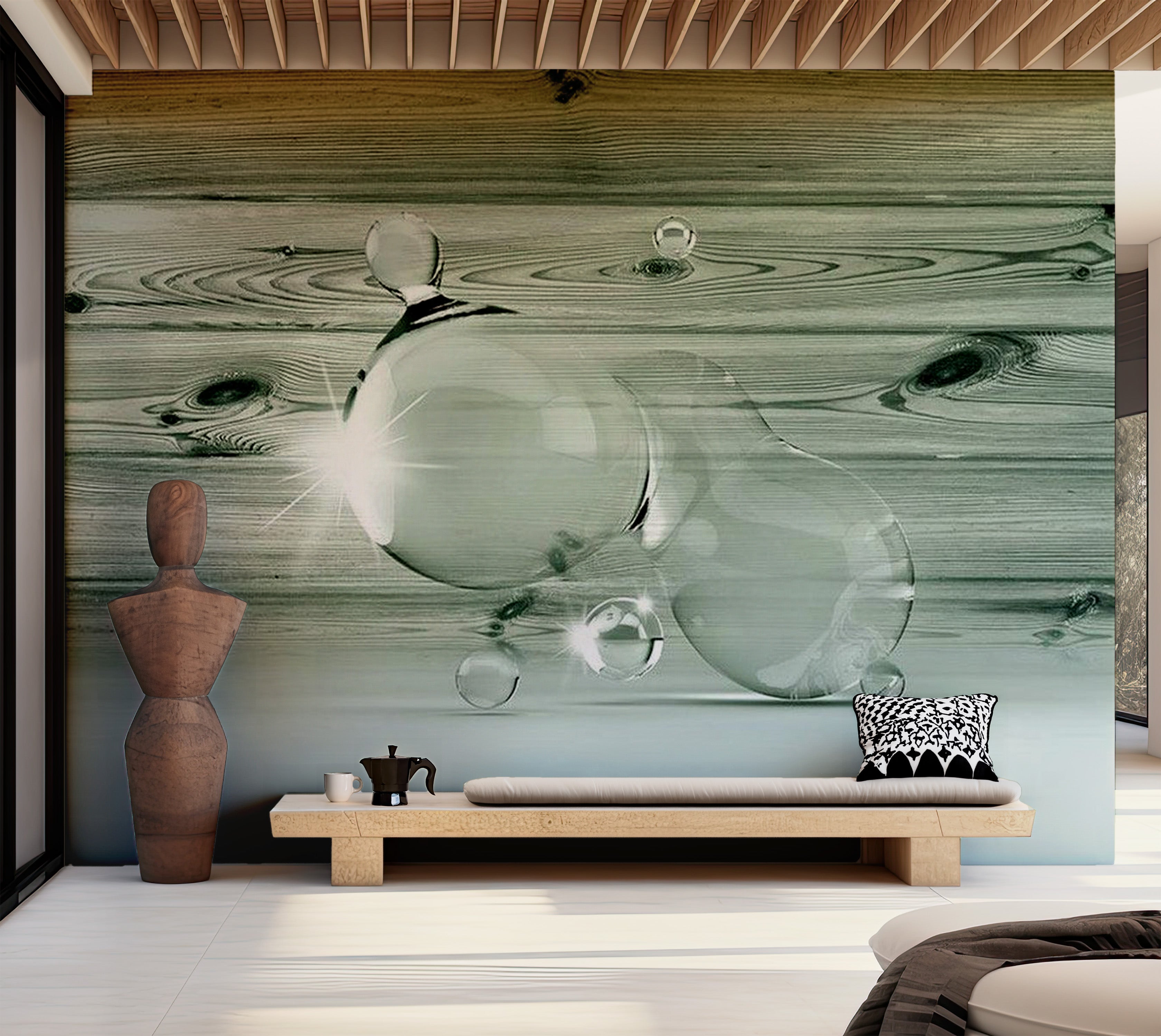 Background & Patterns Wallpaper Wall Mural - Drops Of Water On Wood 39"Wx27"H