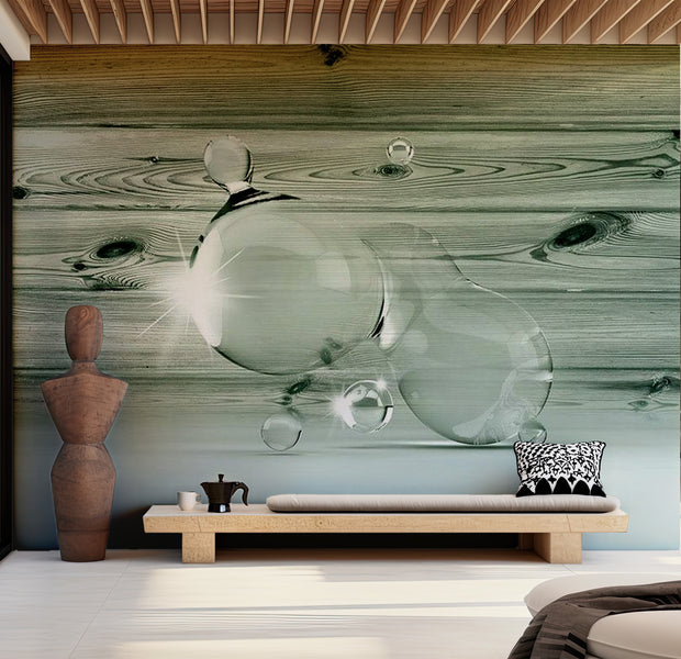 Background & Patterns Wallpaper Wall Mural - Drops Of Water On Wood 39"Wx27"H