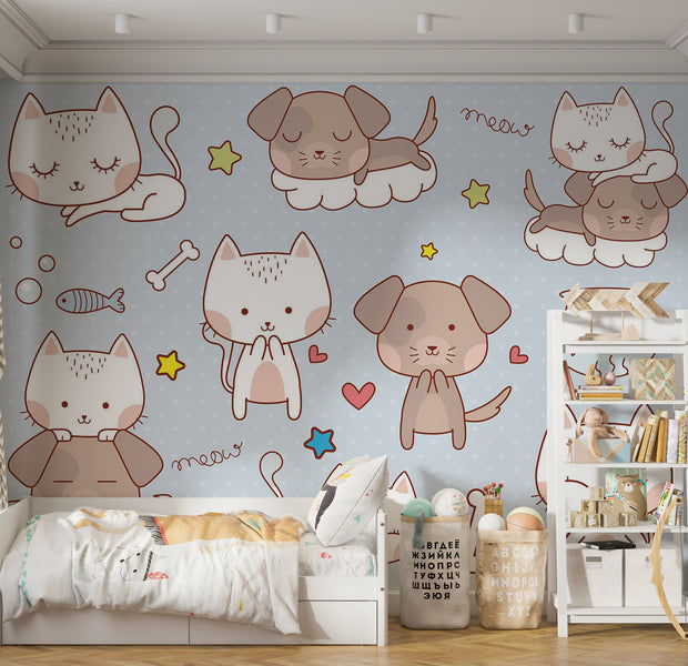 Peel & Stick Kids Wall Mural - Cartoon Cats and Dogs 38"Wx27"H