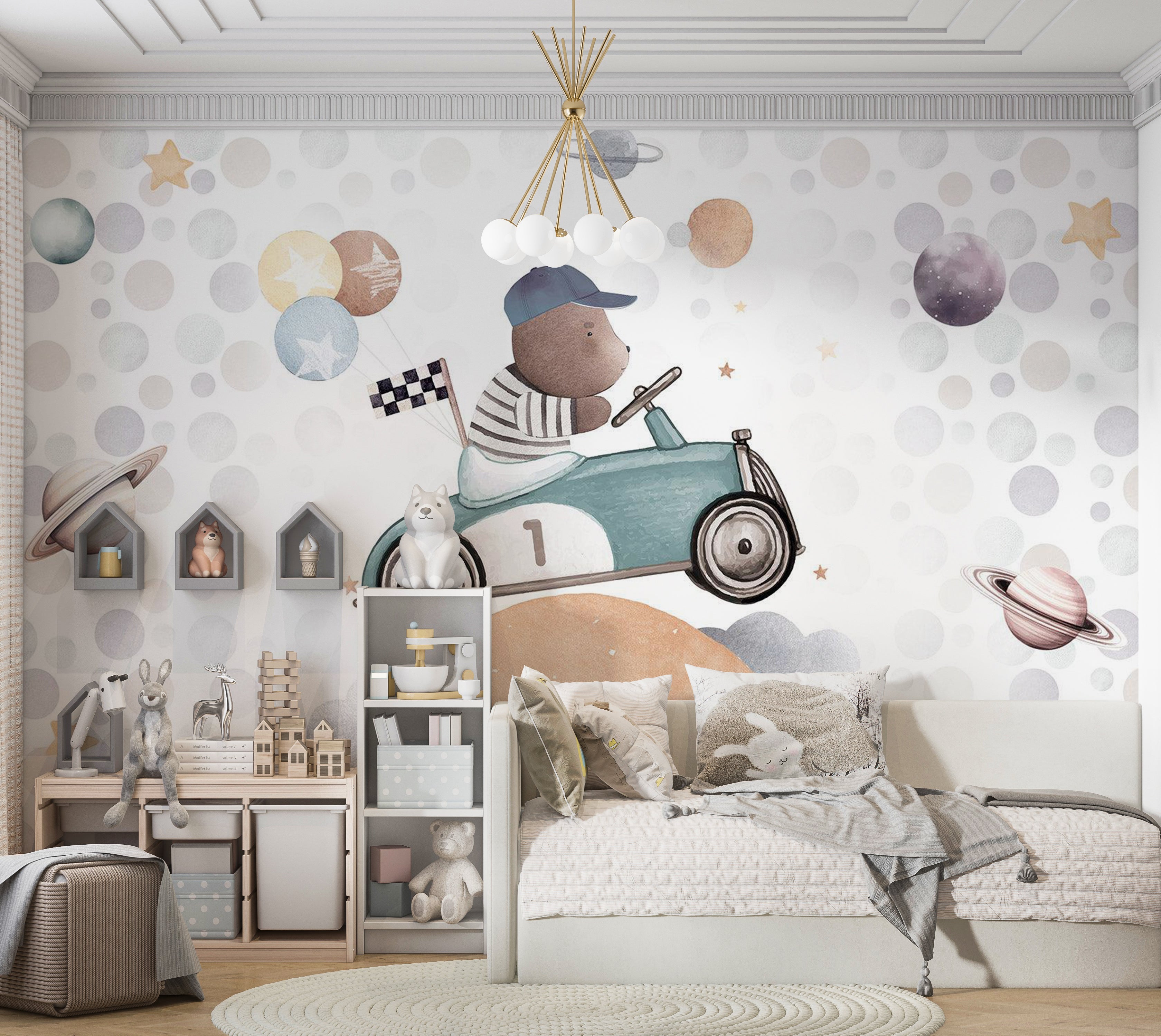 Kids Wallpaper Wall Mural - Teddy Bear in a Racing Car 39"Wx27"H / Standard