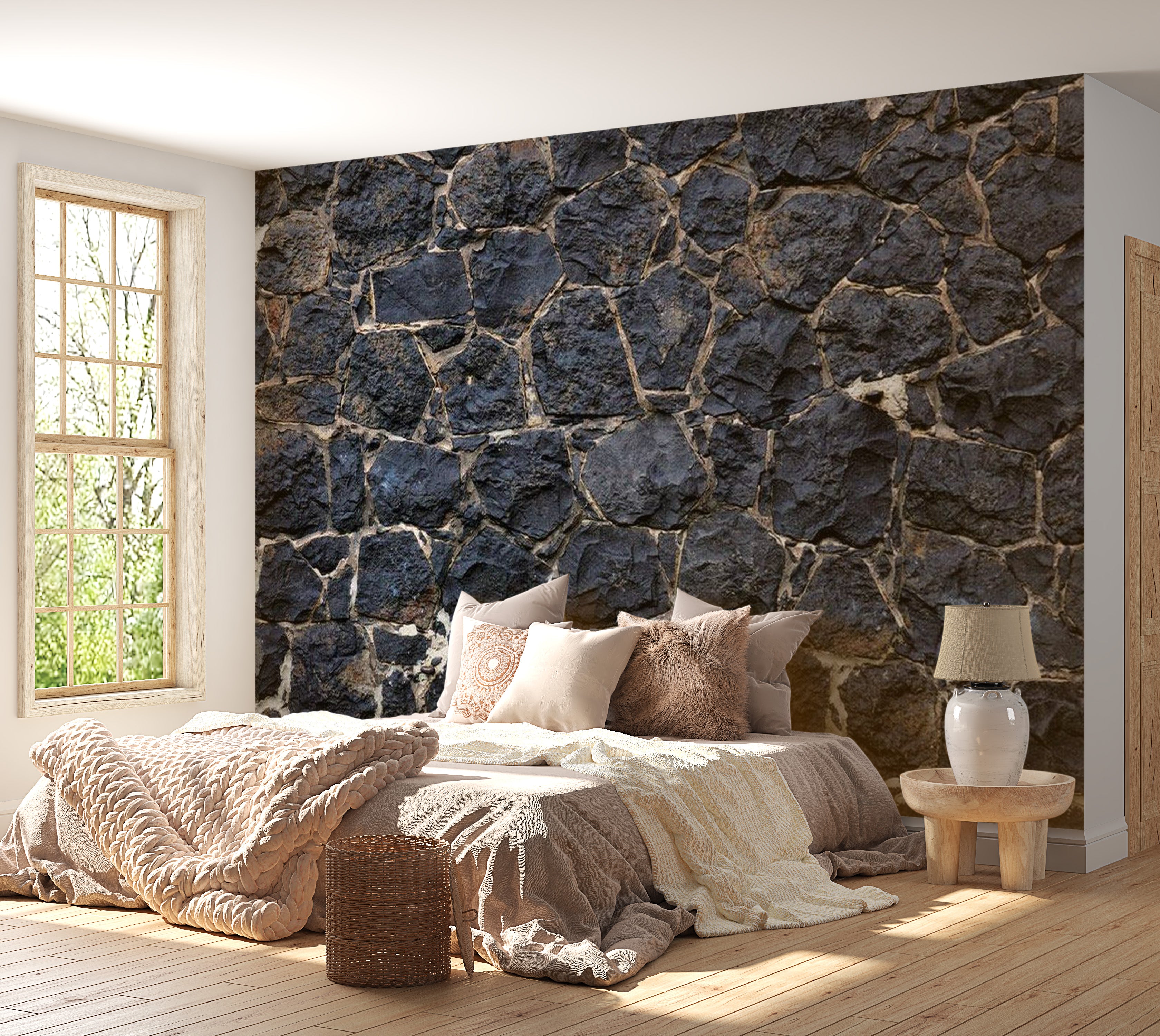 Background & Patterns Wallpaper Wall Mural - Dark Stacked Stones and Rocks 39"Wx27"H