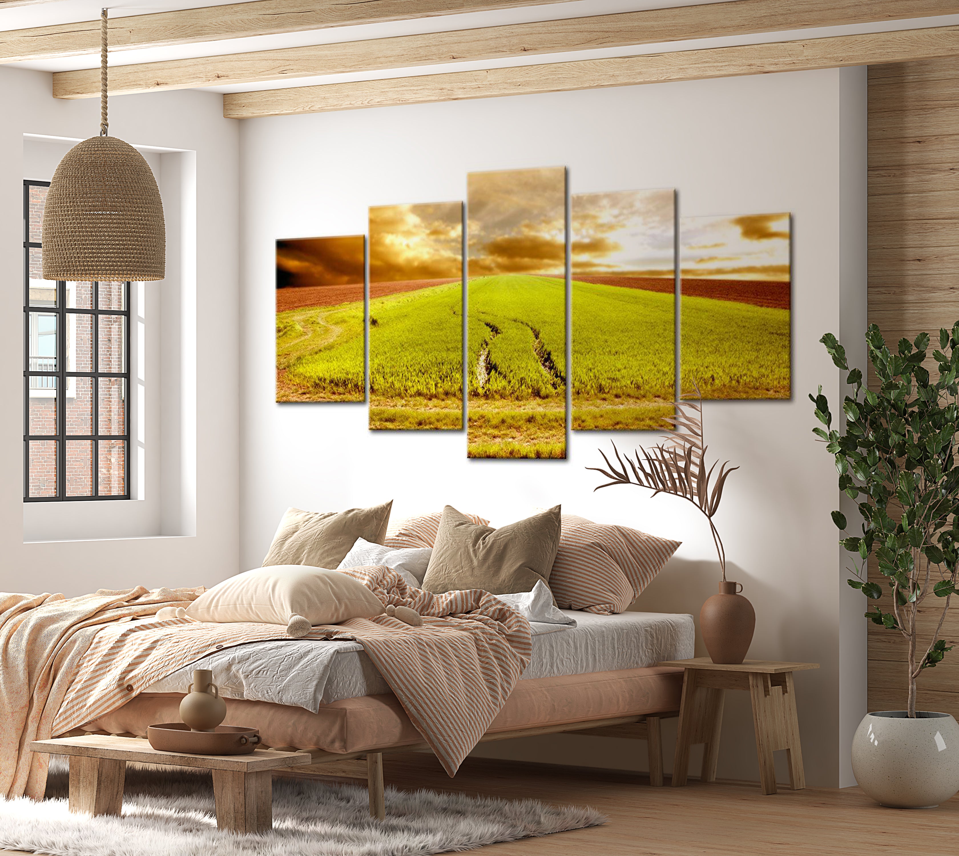 Stretched Canvas Landscape Art - Wheels Traces On A Field 40"Wx20"H