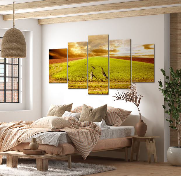 Stretched Canvas Landscape Art - Wheels Traces On A Field 40"Wx20"H