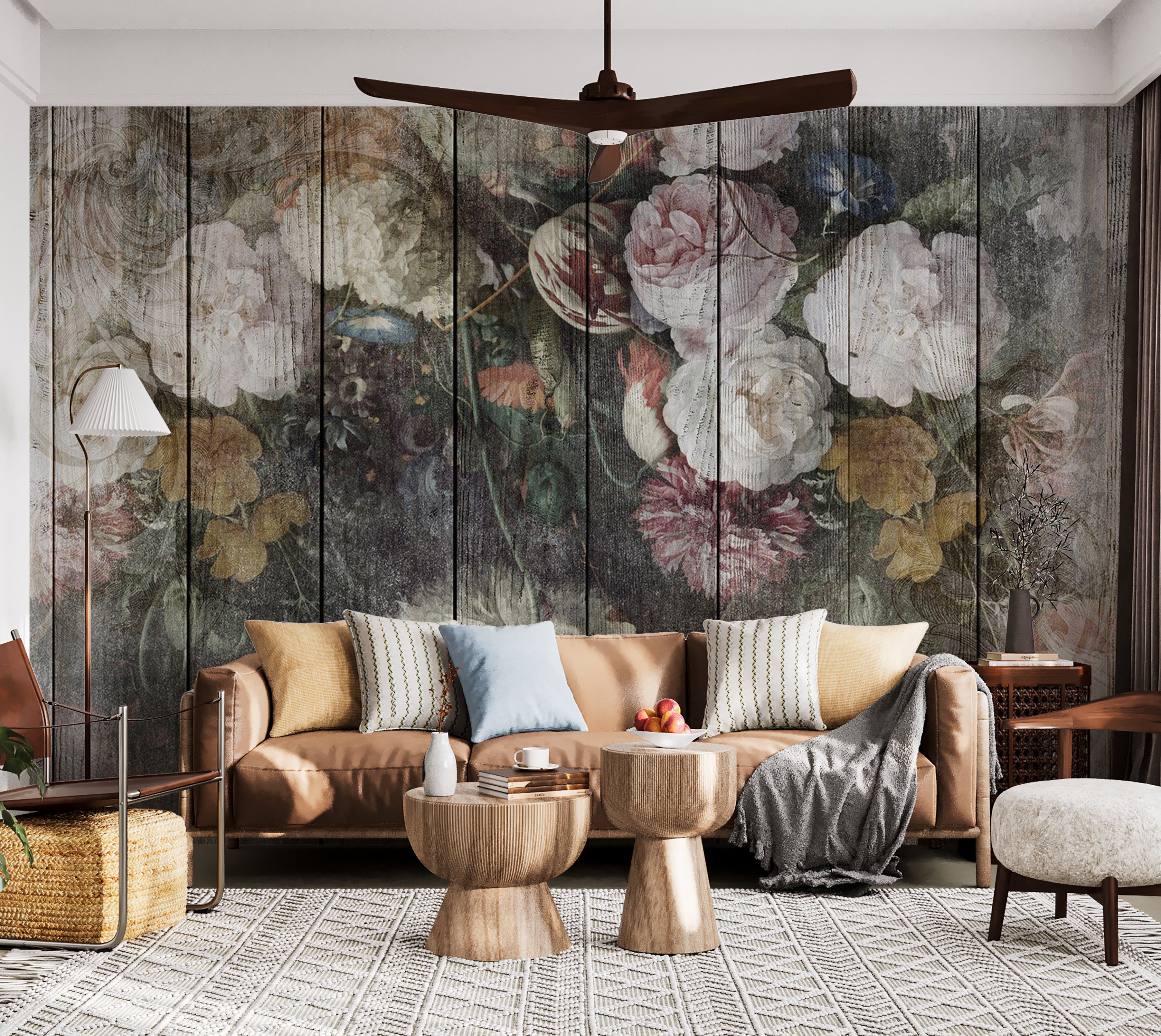 Peel & Stick Floral Wall Mural - Vintage Flowers on Wood 38"Wx27"H