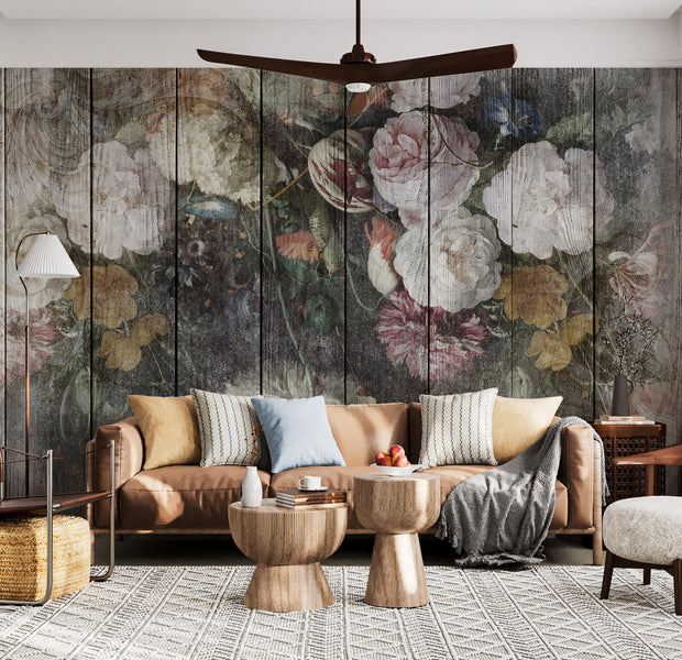 Peel & Stick Floral Wall Mural - Vintage Flowers on Wood 38"Wx27"H