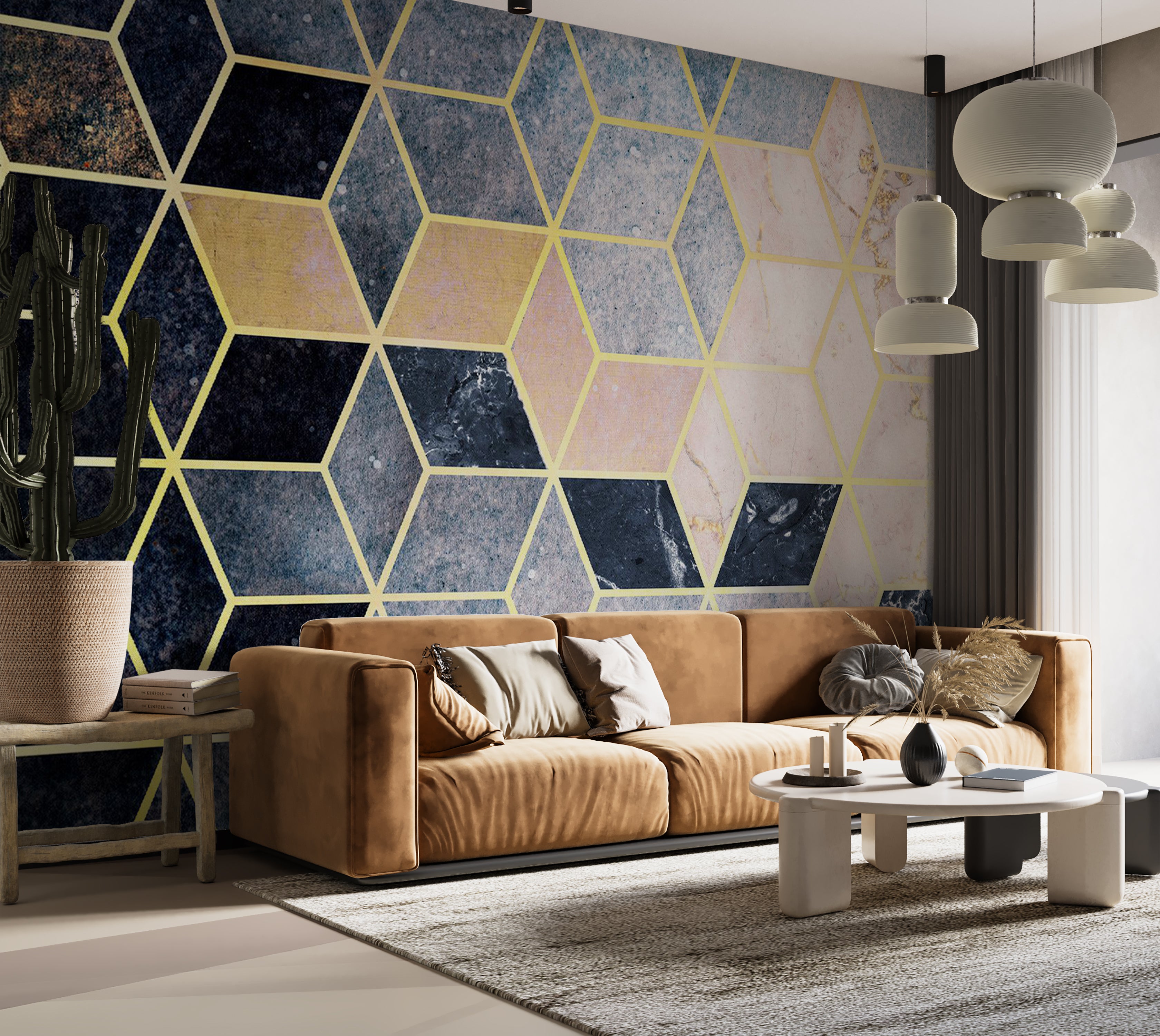 Abstract Wallpaper Wall Mural - Blue Geometric Pattern 39"Wx27"H / Standard