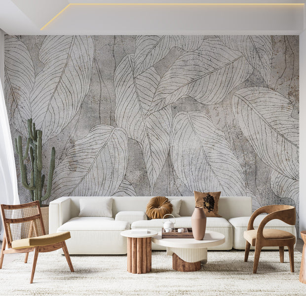 Botanical Wallpaper Wall Mural - Modern Leaf Line Art 39"Wx27"H / Standard