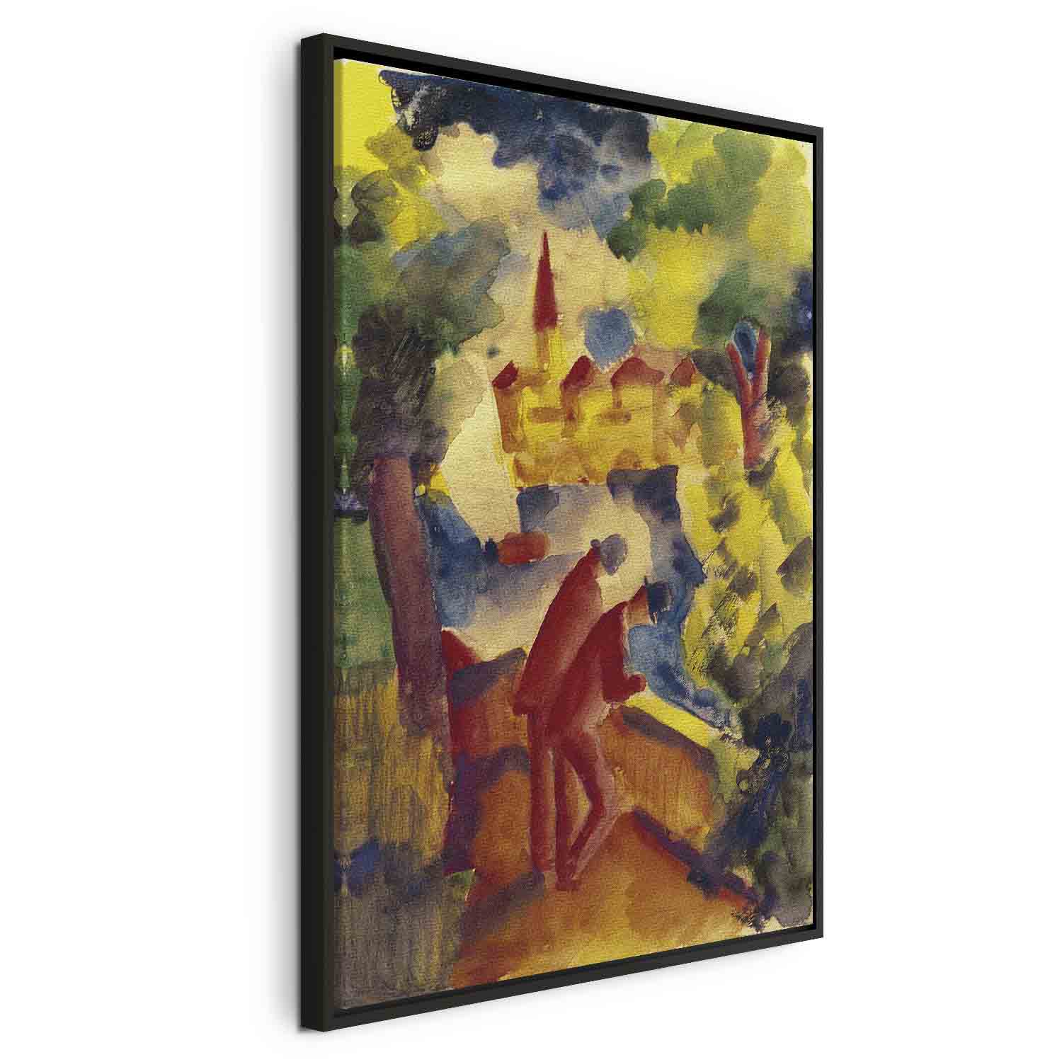 Floating Framed Canvas Art - Two Men Arm on the Railing Overlooking a Lake - August Macke