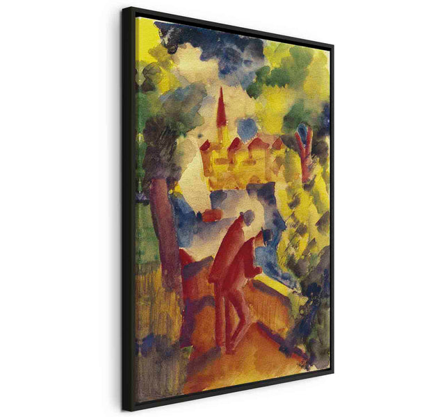 Floating Framed Canvas Art - Two Men Arm on the Railing Overlooking a Lake - August Macke