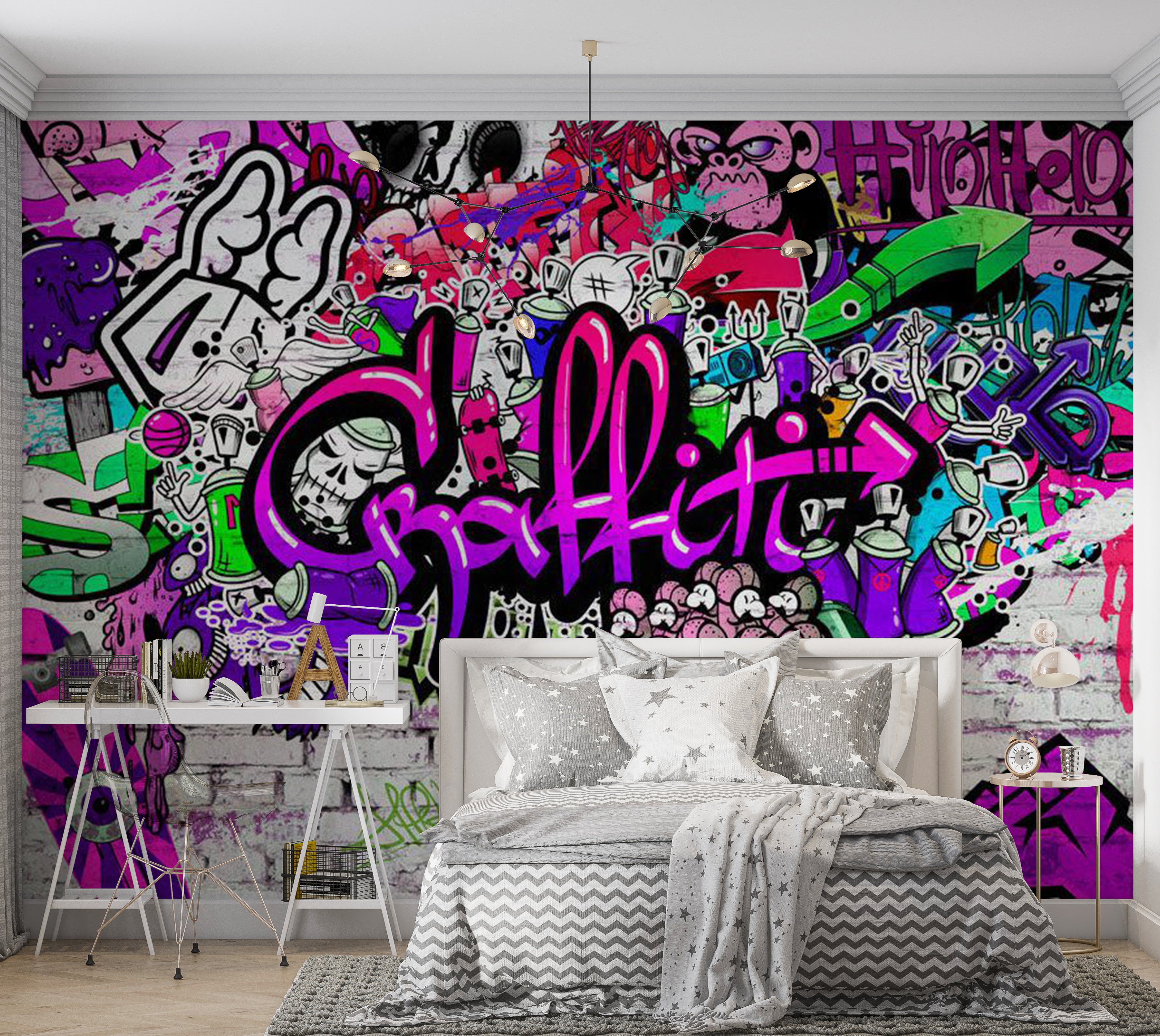 Peel & Stick Street Art Wall Mural - Purple Graffiti 38"Wx27"H