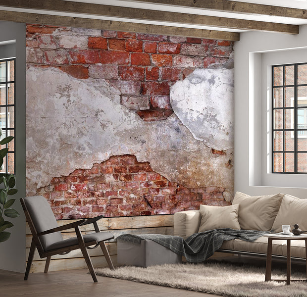 Background & Patterns Wallpaper Wall Mural - Red Brick Wall and Old Plaster 39"Wx27"H