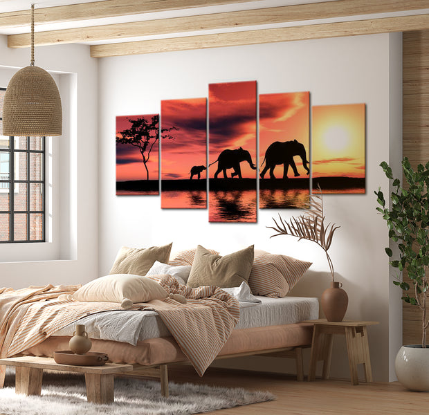 Stretched Canvas Landscape Art - African Elephants Family 40"Wx20"H