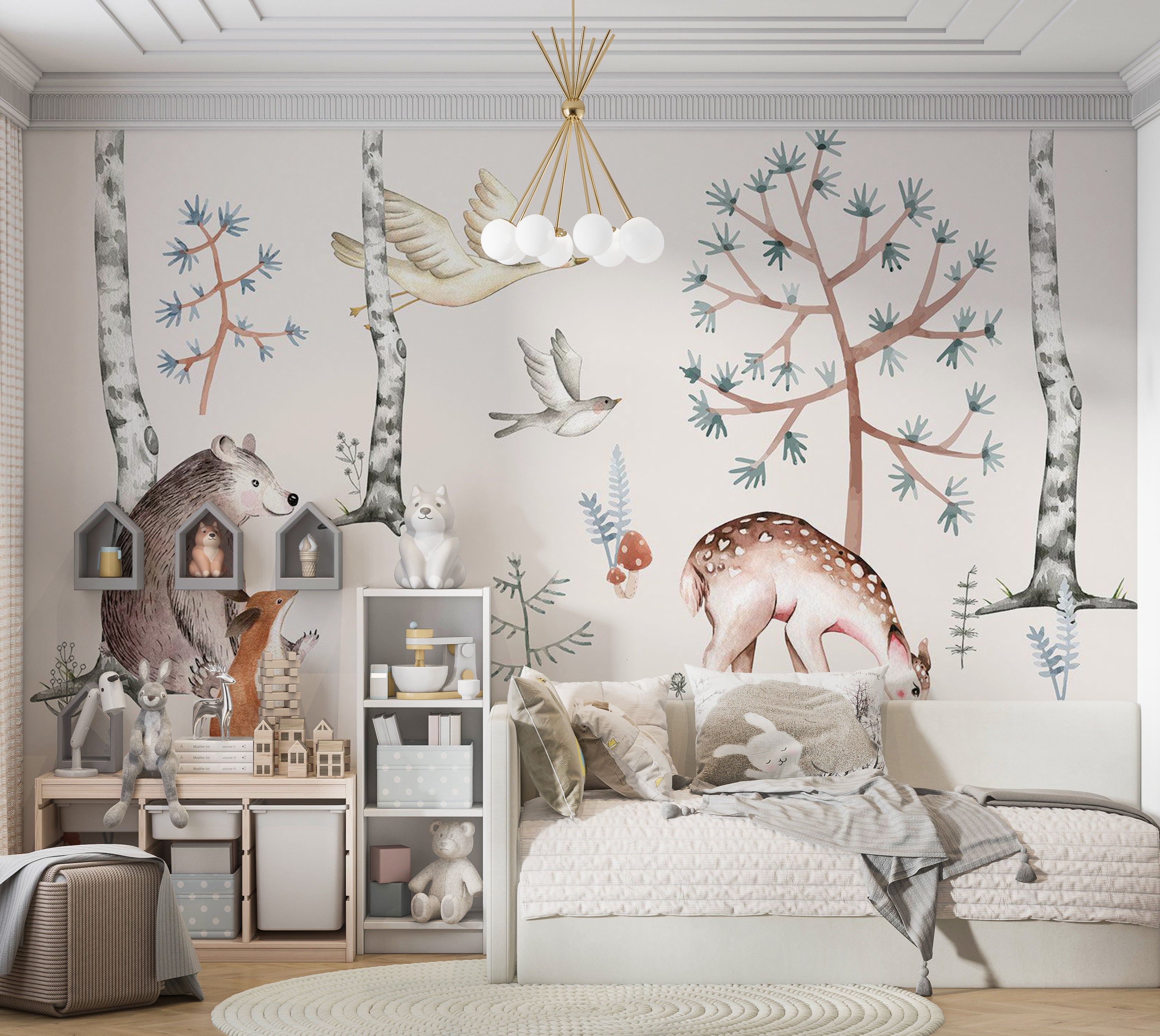 Kids Wallpaper Wall Mural - Watercolor Forest With Animals 39"Wx27"H / Standard