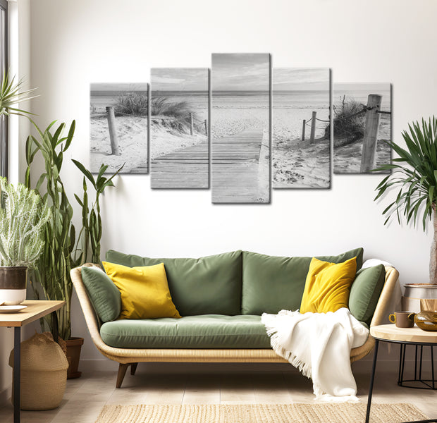 Stretched Canvas Landscape Art - Morning On The Beach - Black And White 40"Wx20"H