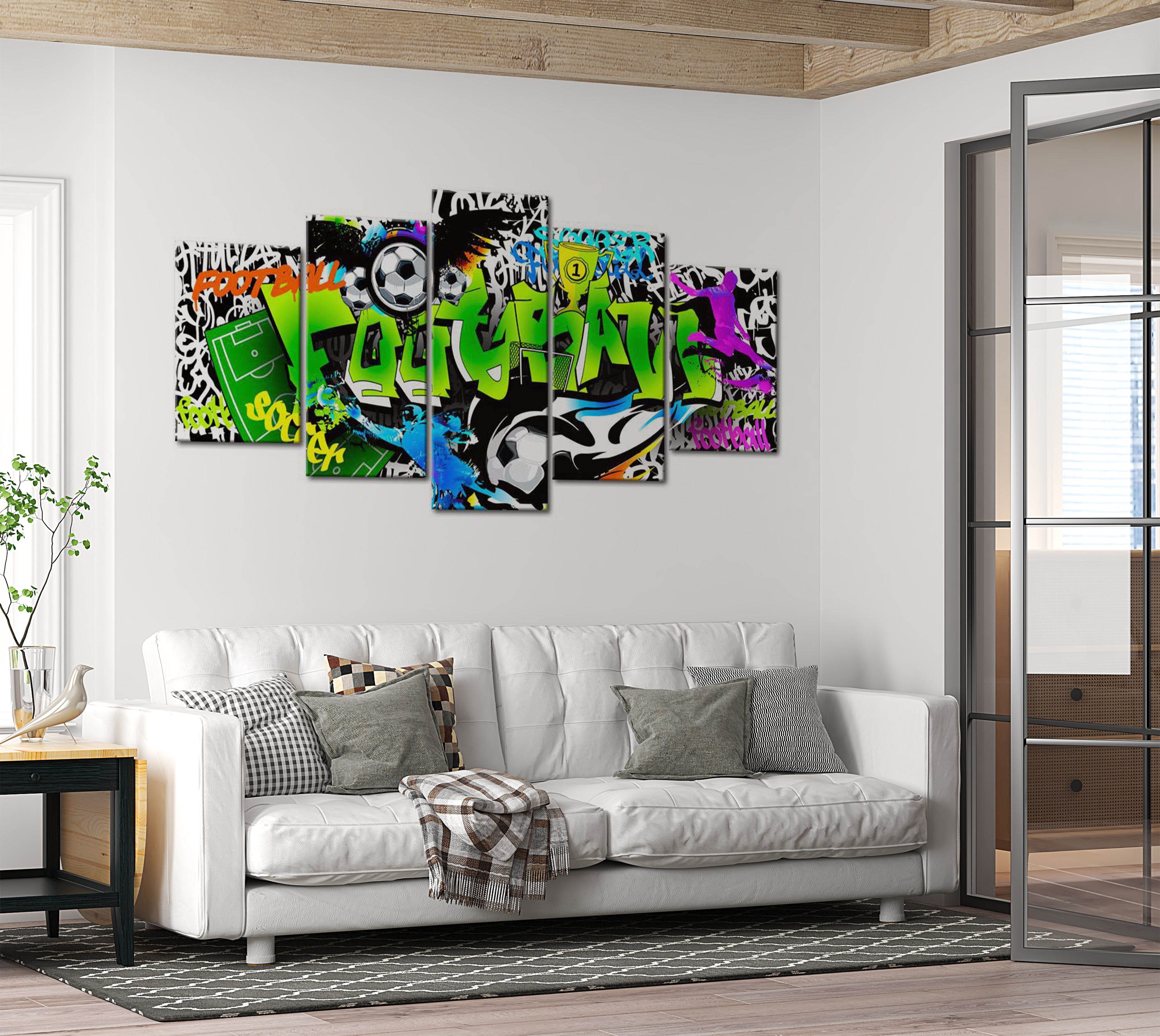 Stretched Canvas Street Art - Football Mania Green  - 5 Pieces 40"Wx20"H