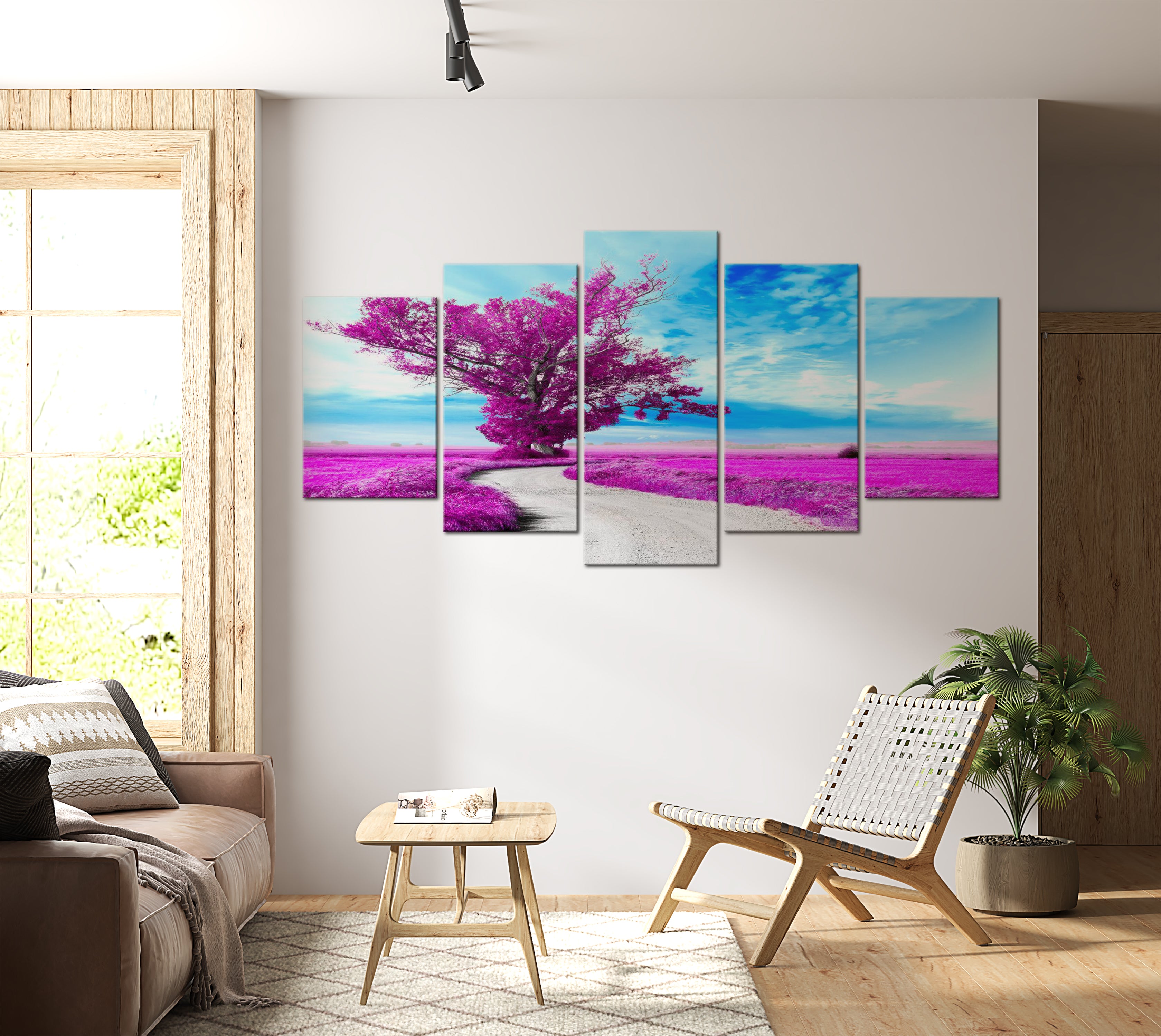 Stretched Canvas Landscape Art - Tree Near The Road Violet 40"Wx20"H