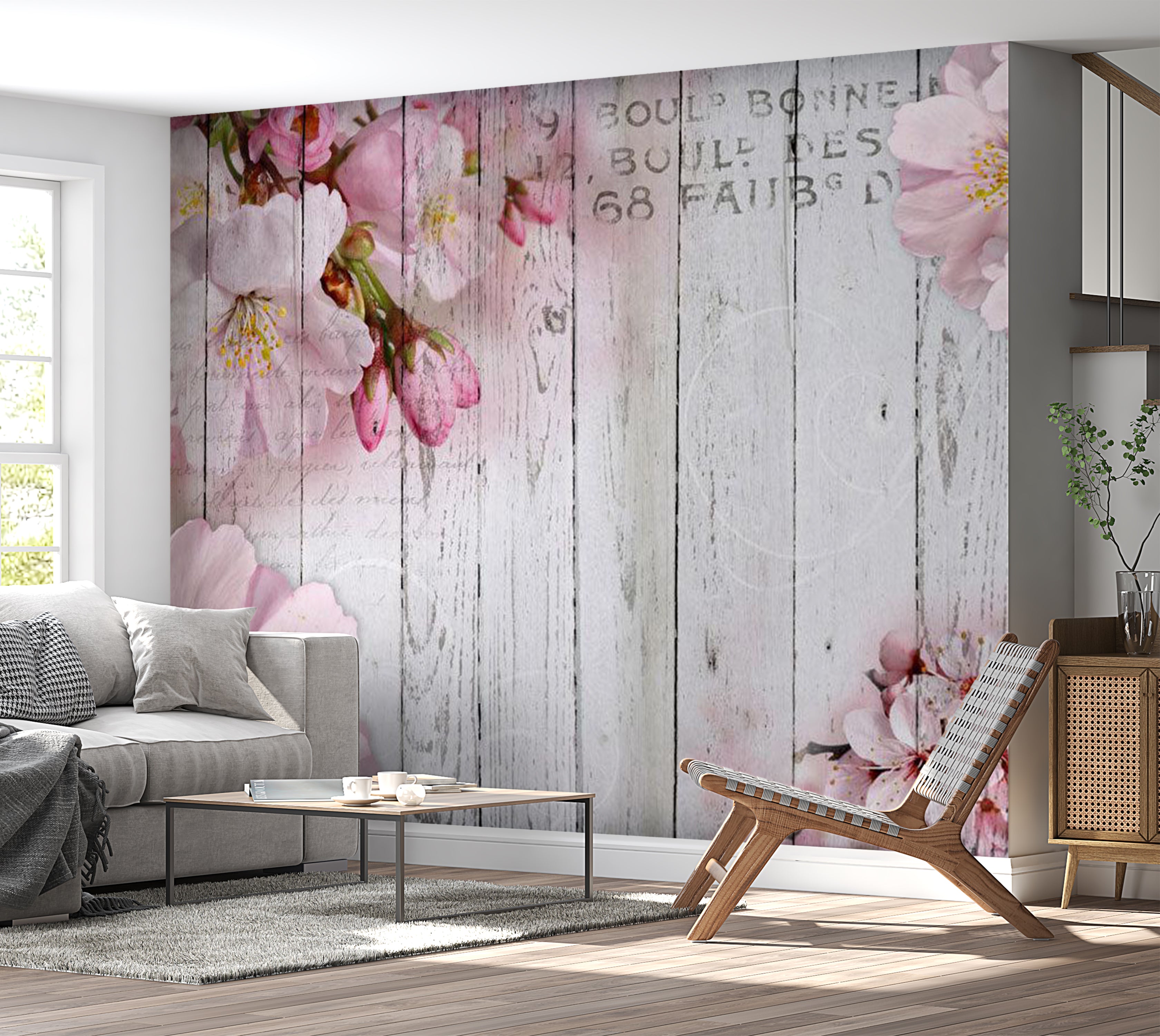 Peel & Stick Floral Wall Mural - Apple Blossoms on Vintage Wood 38"Wx27"H