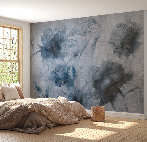 Peel & Stick Floral Wall Mural - Blue Watercolor Peonies 38"Wx27"H