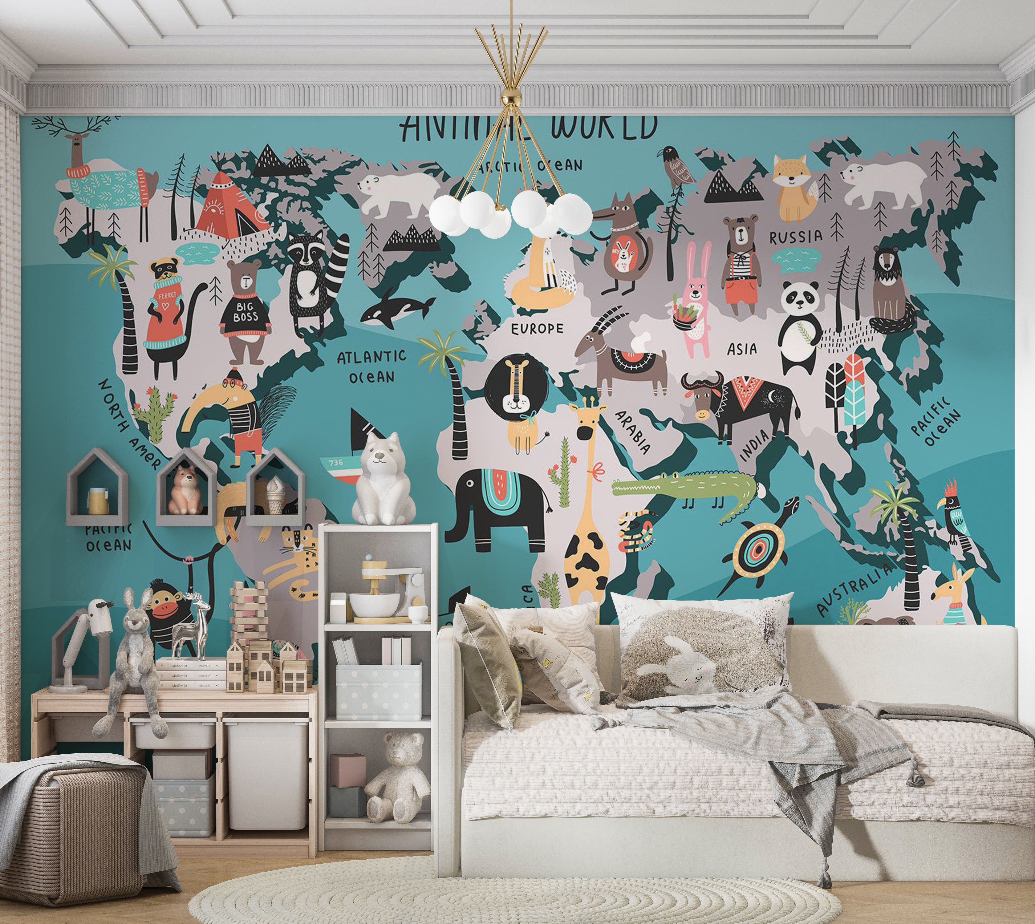 Kids Wallpaper Wall Mural - World Map With Animals 39"Wx27"H / Standard