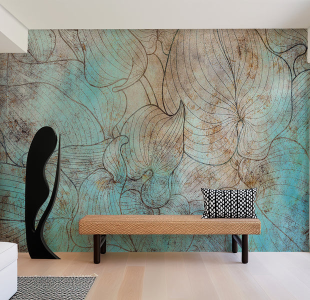 Botanical Wallpaper Wall Mural - Leaves in Blue 39"Wx27"H / Standard