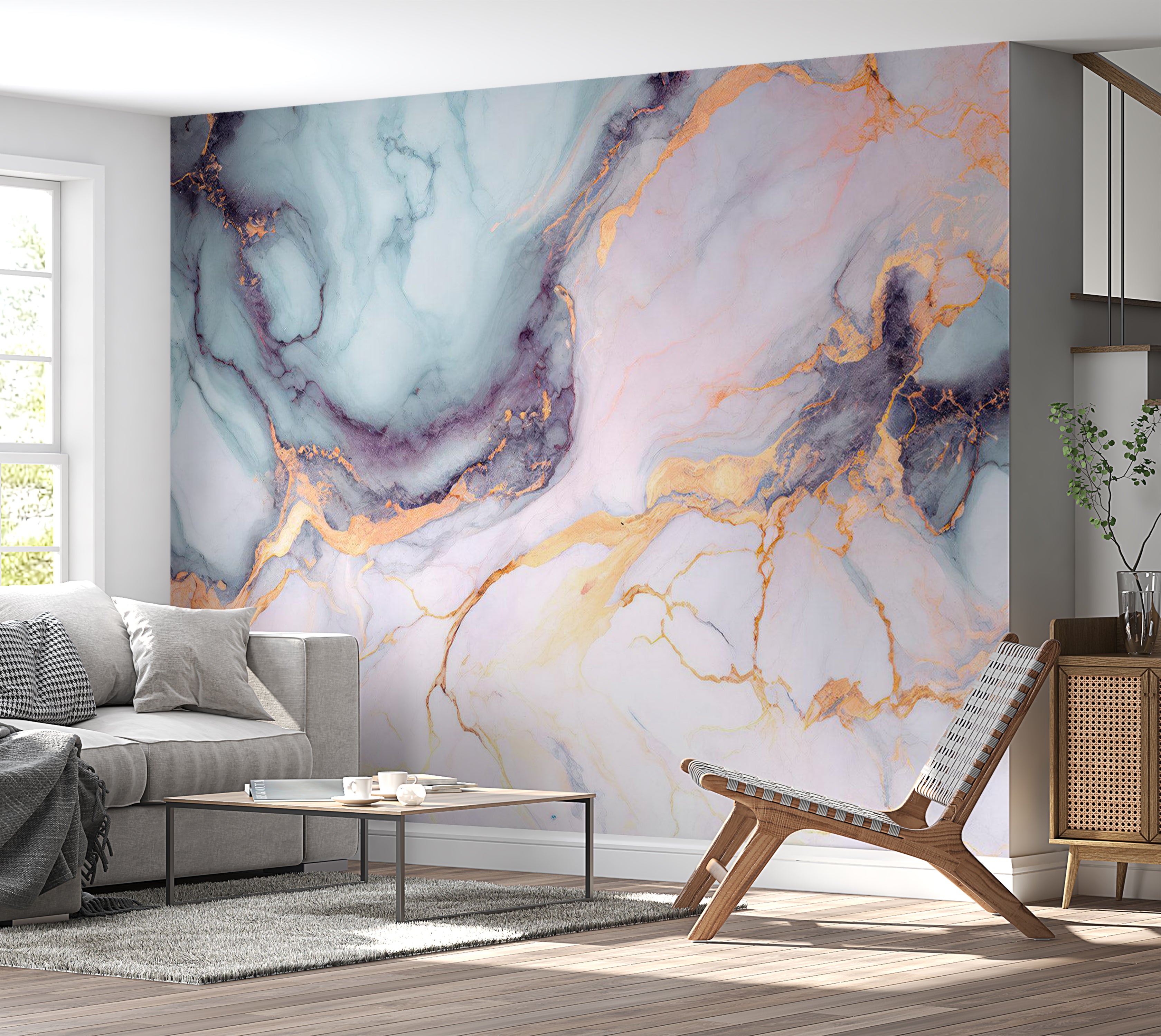 Peel & Stick Wall Mural - Blue Gold Marble 38"Wx27"H