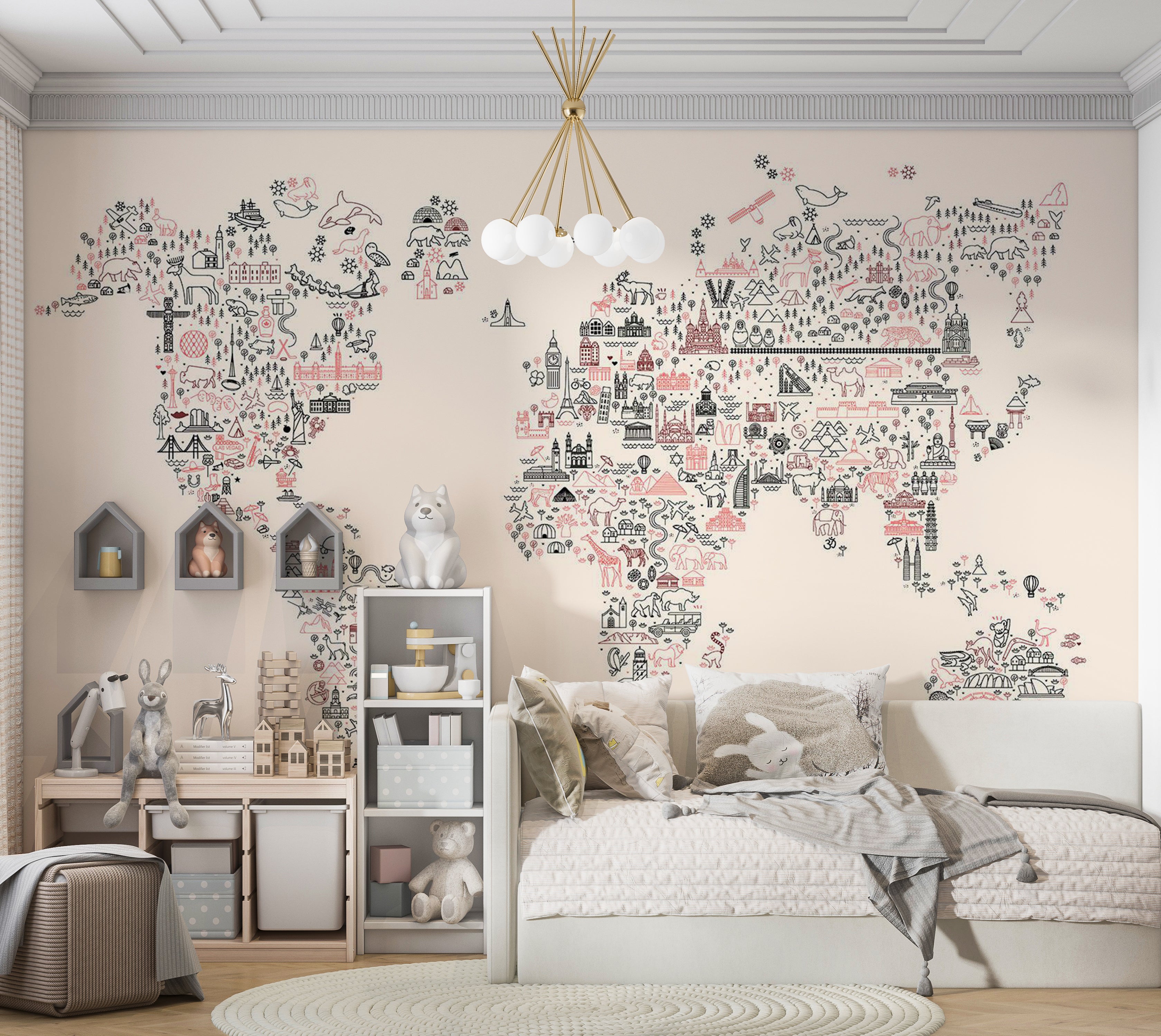 Kids Wallpaper Wall Mural - Worlf Map With Icons 39"Wx27"H / Standard