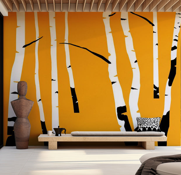 Abstract Wallpaper Wall Mural - Birches On The Orange Background 118"Wx90"H