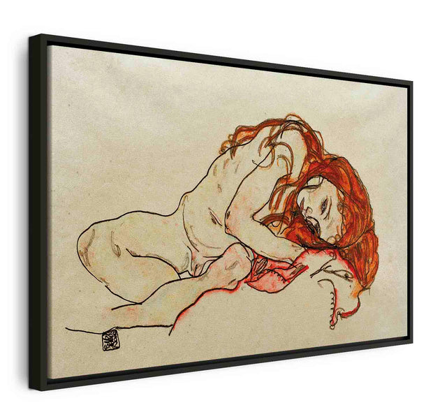 Floating Framed Canvas Art - Crouching Female Nude with Bending Head - Egon Schiele