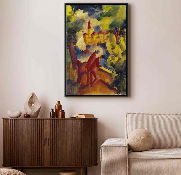 Floating Framed Canvas Art - Two Men Arm on the Railing Overlooking a Lake - August Macke