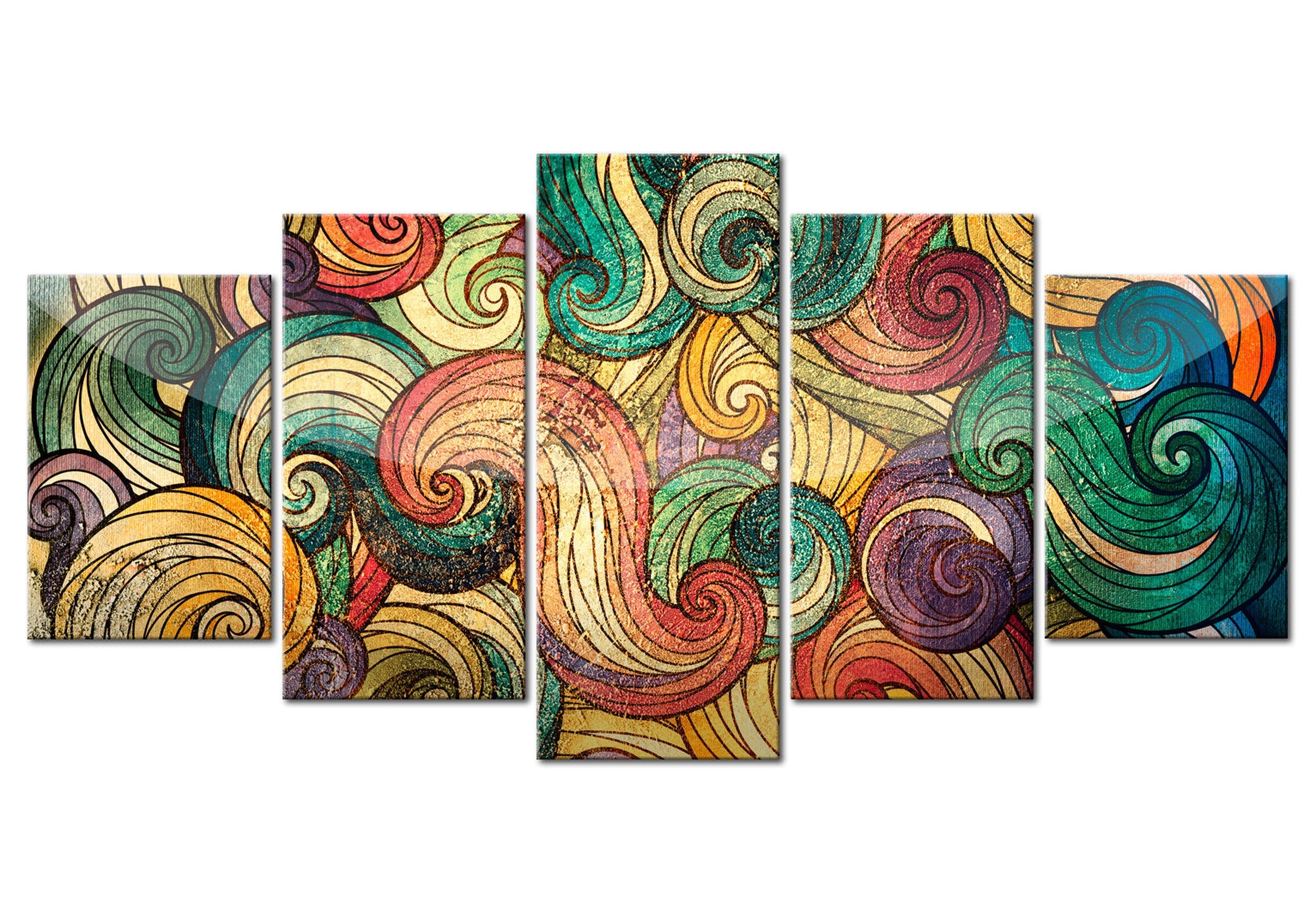 Abstract Canvas Wall Art - Colourful Waves - 5 Pieces