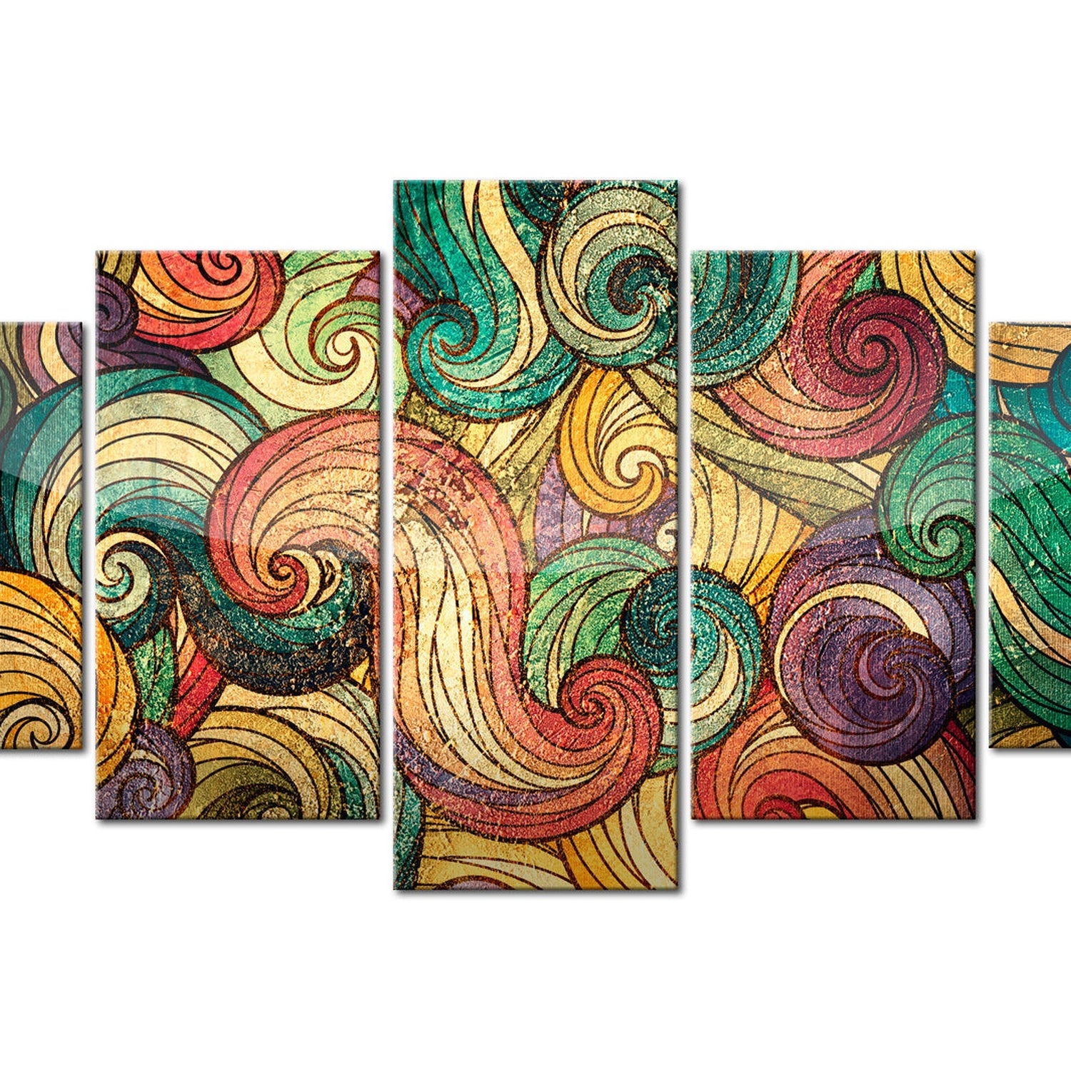 Abstract Canvas Wall Art - Colourful Waves - 5 Pieces