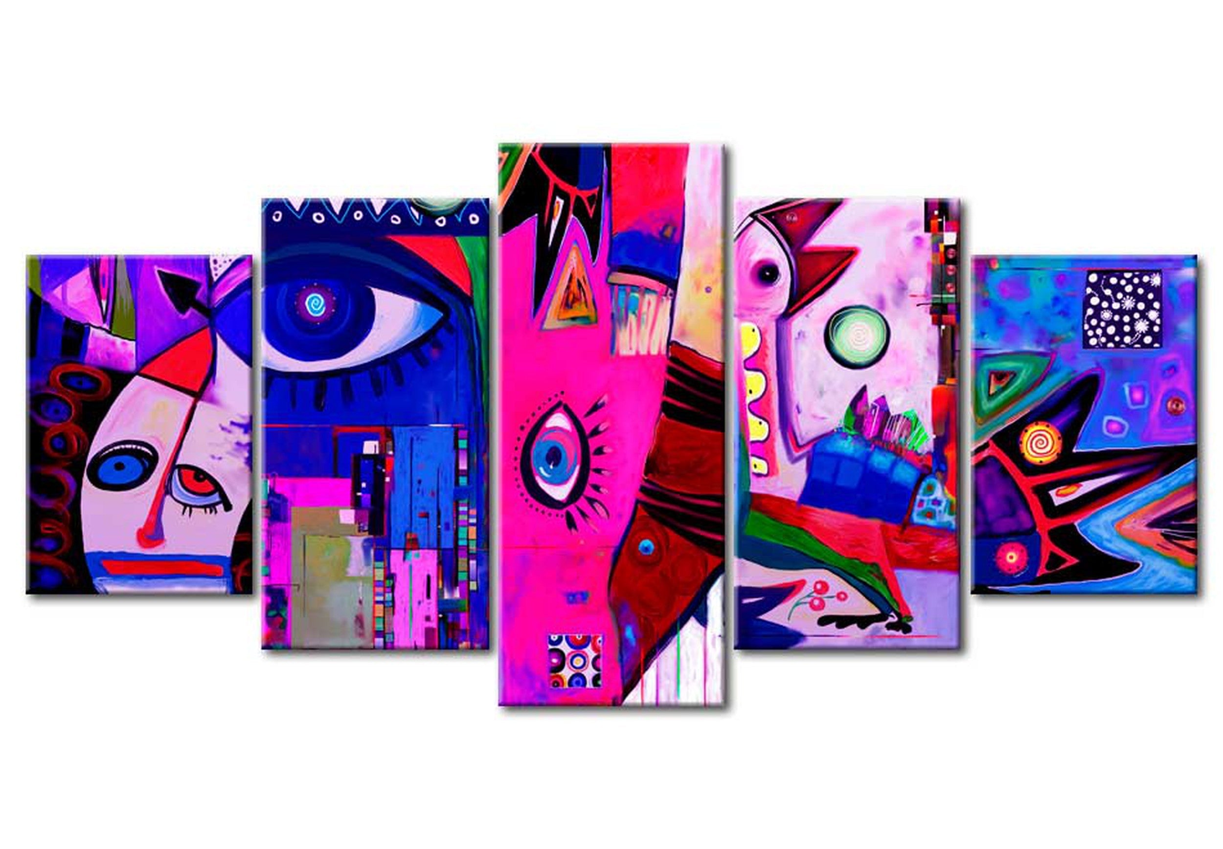 Abstract Canvas Wall Art - Funny Faces Pink - 5 Pieces