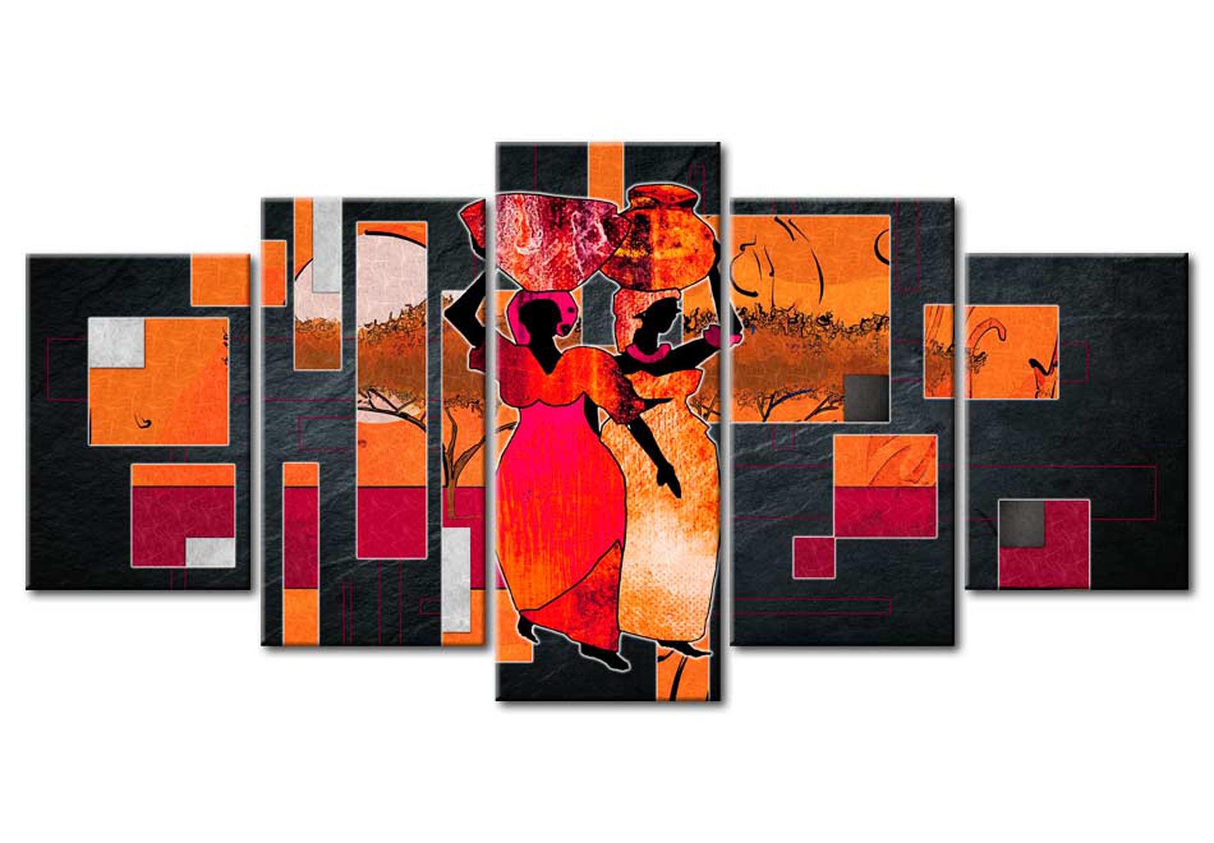 Abstract Canvas Wall Art - Women Carrying Water - 5 Pieces