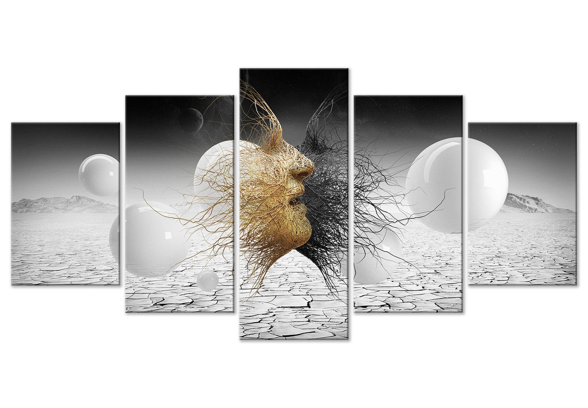 Abstract Canvas Wall Art - Woven Faces Golden - 5 Pieces